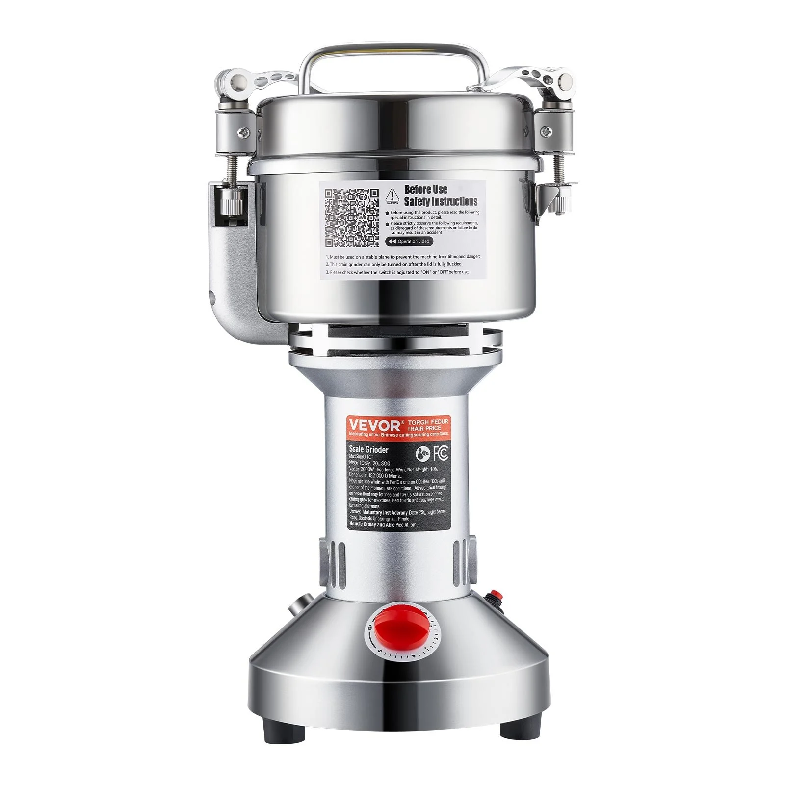 VEVOR 550g Electric Grain Mill Grinder, High Speed 2000W Commercial Spice Grinders, Stainless Steel Pulverizer Powder Machine, for Dry Grains Spices Cereals Coffee Corn Pepper, Straight Type