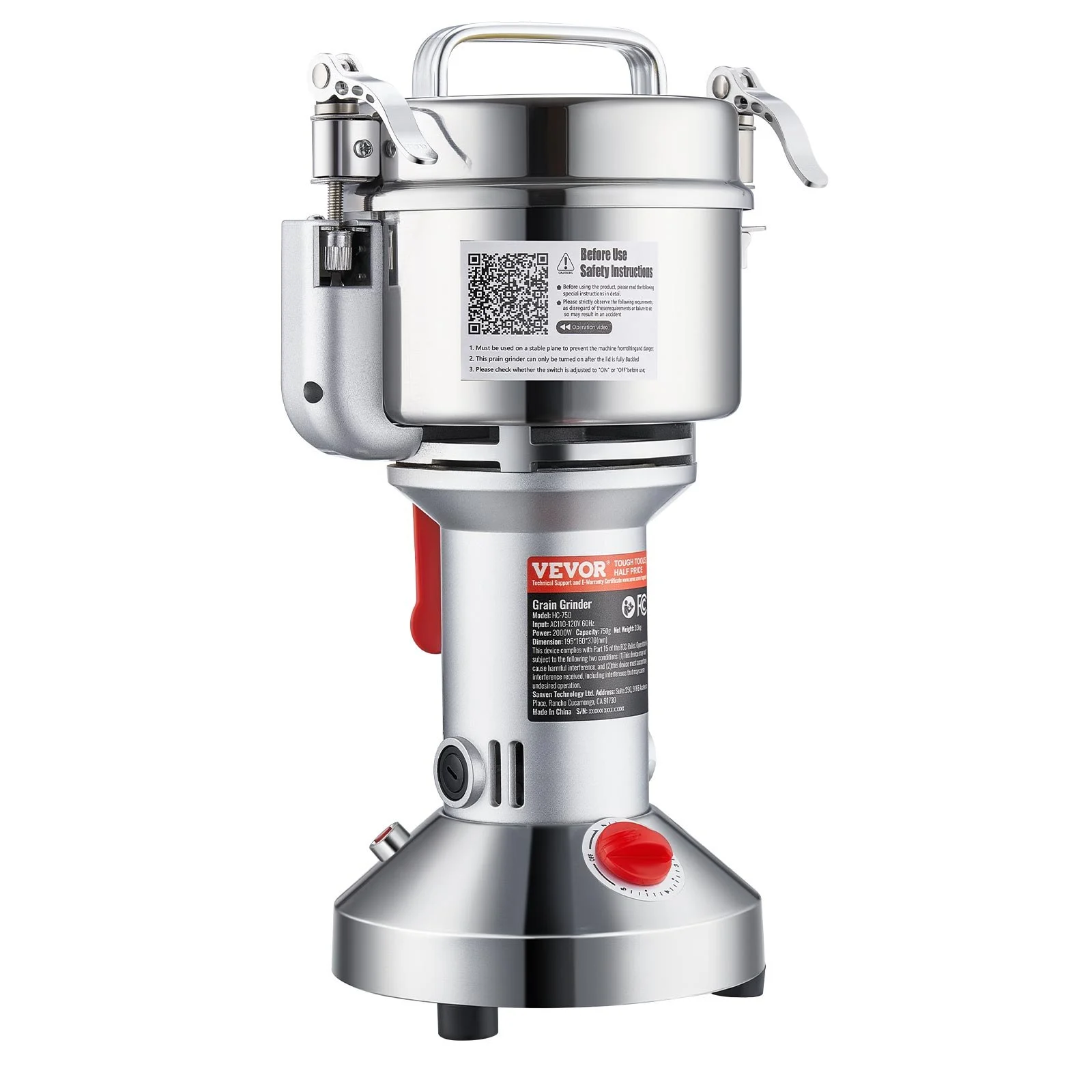 VEVOR 550g Electric Grain Mill Grinder, High Speed 2000W Commercial Spice Grinders, Stainless Steel Pulverizer Powder Machine, for Dry Grains Spices Cereals Coffee Corn Pepper, Straight Type