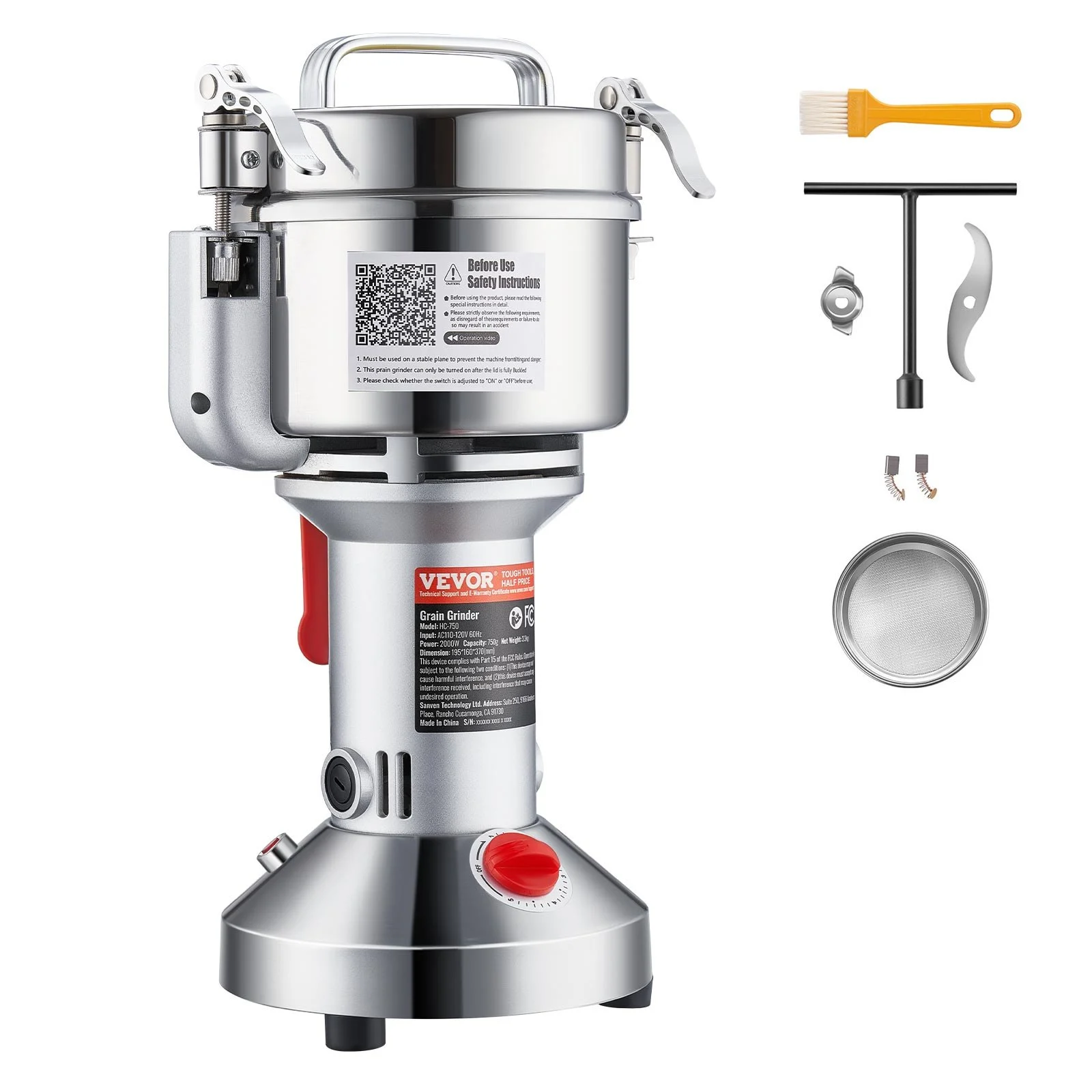 VEVOR 550g Electric Grain Mill Grinder, High Speed 2000W Commercial Spice Grinders, Stainless Steel Pulverizer Powder Machine, for Dry Grains Spices Cereals Coffee Corn Pepper, Straight Type