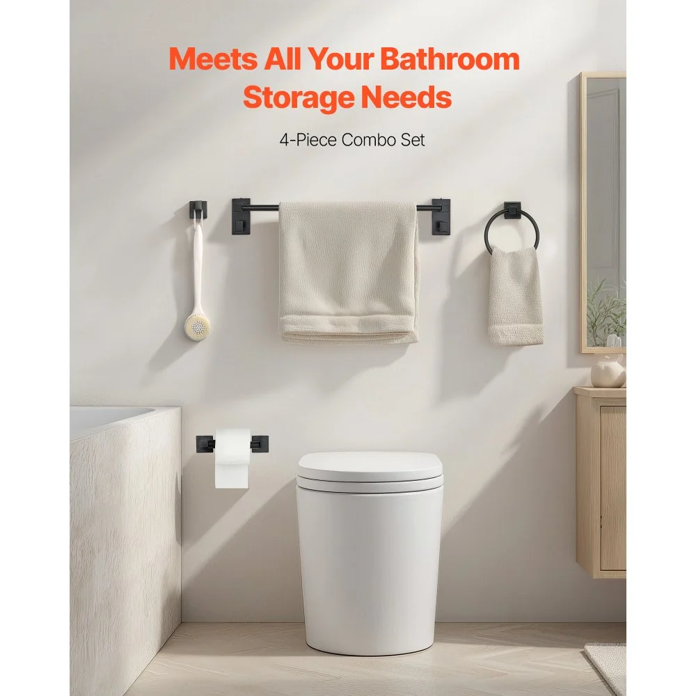 VEVOR Juego de accesorios de baño negro mate, 4 piezas de acero inoxidable, barra de toalla de 61 cm, anilla para toalla, gancho para bata y portarrollos de papel higiénico, para baño, montaje en pared