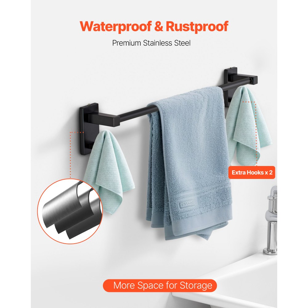 VEVOR Juego de accesorios de baño negro mate, 4 piezas de acero inoxidable, barra de toalla de 61 cm, anilla para toalla, gancho para bata y portarrollos de papel higiénico, para baño, montaje en pared