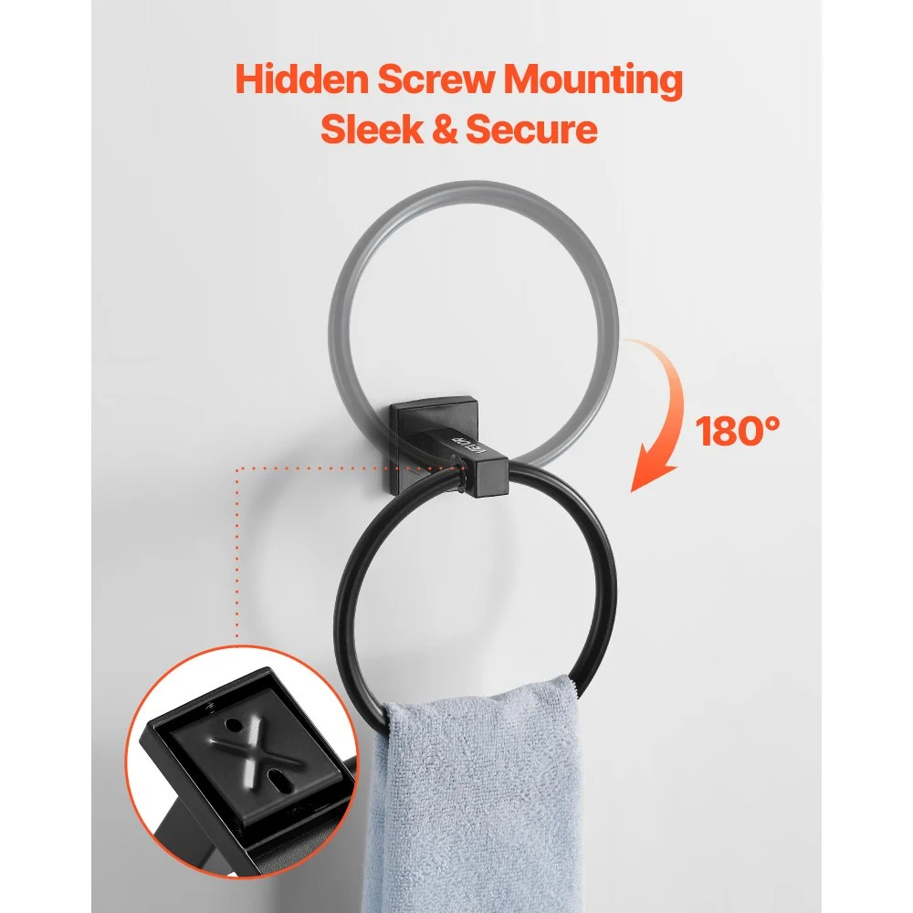 VEVOR Juego de accesorios de baño negro mate, 4 piezas de acero inoxidable, barra de toalla de 61 cm, anilla para toalla, gancho para bata y portarrollos de papel higiénico, para baño, montaje en pared