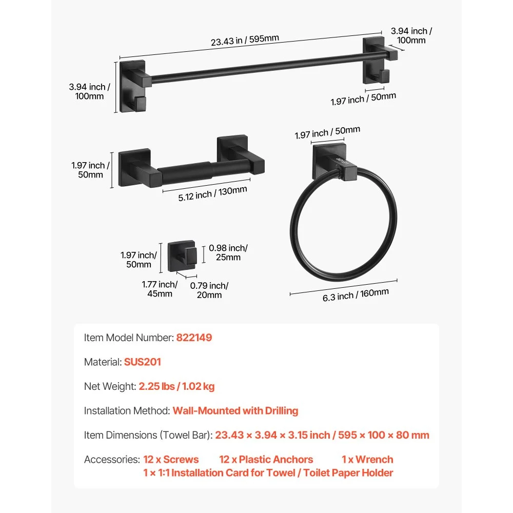 VEVOR Juego de accesorios de baño negro mate, 4 piezas de acero inoxidable, barra de toalla de 61 cm, anilla para toalla, gancho para bata y portarrollos de papel higiénico, para baño, montaje en pared