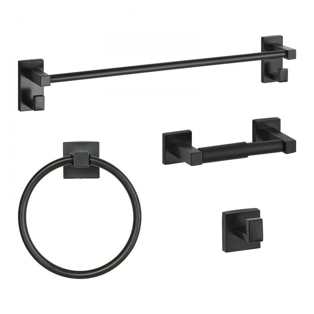 VEVOR Juego de accesorios de baño negro mate, 4 piezas de acero inoxidable, barra de toalla de 61 cm, anilla para toalla, gancho para bata y portarrollos de papel higiénico, para baño, montaje en pared