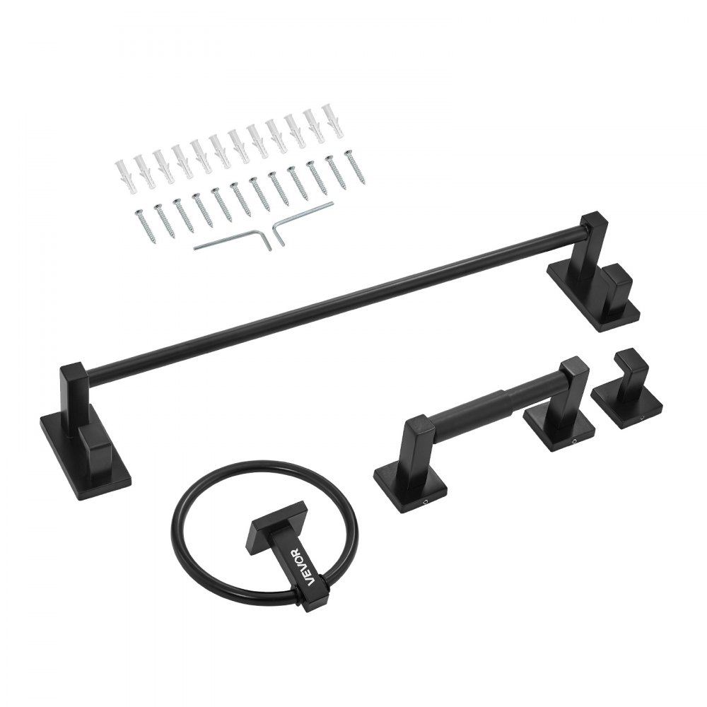VEVOR Juego de accesorios de baño negro mate, 4 piezas de acero inoxidable, barra de toalla de 61 cm, anilla para toalla, gancho para bata y portarrollos de papel higiénico, para baño, montaje en pared