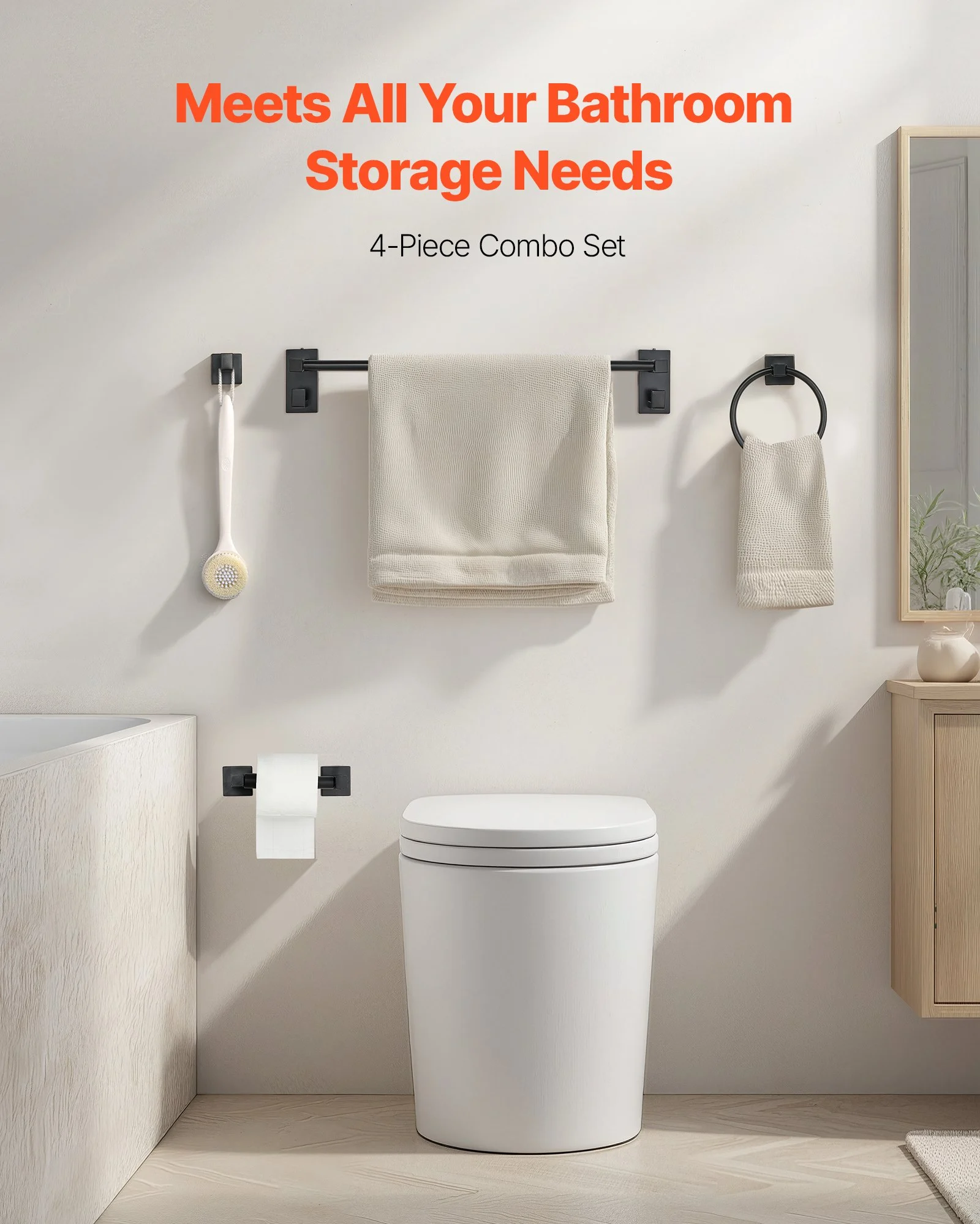 VEVOR Juego de accesorios de baño negro mate, 4 piezas de acero inoxidable, barra de toalla de 61 cm, anilla para toalla, gancho para bata y portarrollos de papel higiénico, para baño, montaje en pared