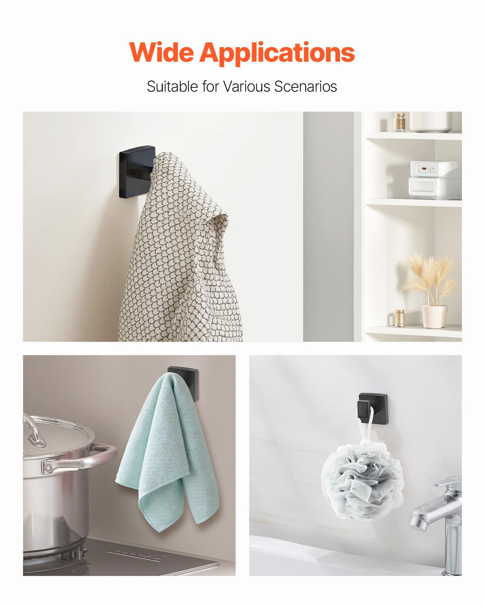 VEVOR Juego de accesorios de baño negro mate, 4 piezas de acero inoxidable, barra de toalla de 61 cm, anilla para toalla, gancho para bata y portarrollos de papel higiénico, para baño, montaje en pared