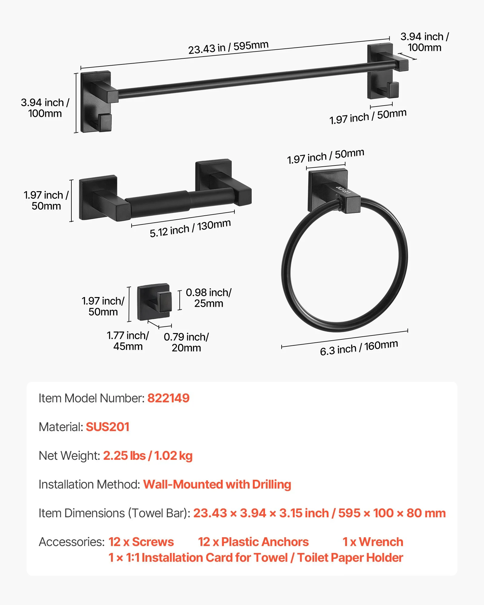 VEVOR Juego de accesorios de baño negro mate, 4 piezas de acero inoxidable, barra de toalla de 61 cm, anilla para toalla, gancho para bata y portarrollos de papel higiénico, para baño, montaje en pared