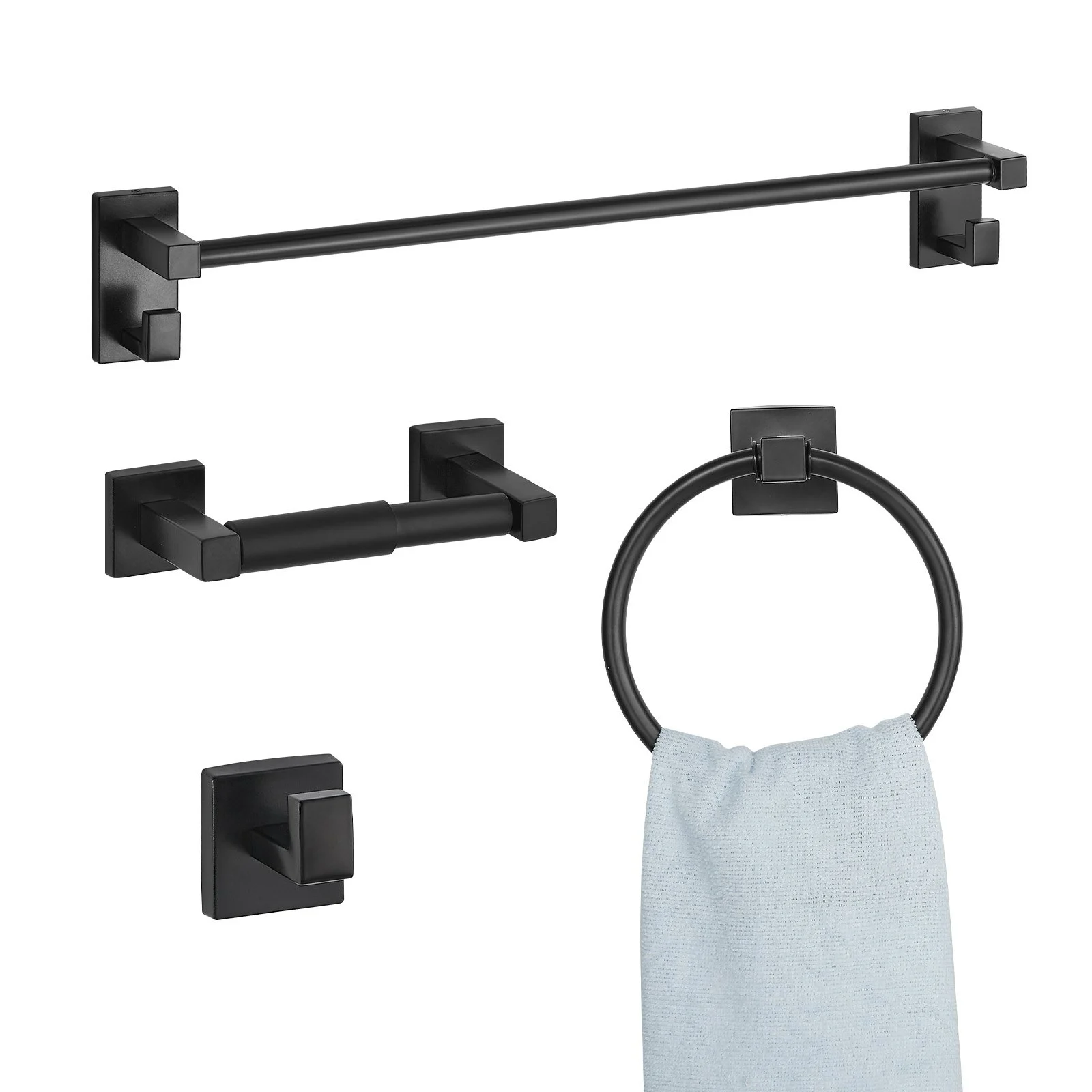 VEVOR Juego de accesorios de baño negro mate, 4 piezas de acero inoxidable, barra de toalla de 61 cm, anilla para toalla, gancho para bata y portarrollos de papel higiénico, para baño, montaje en pared