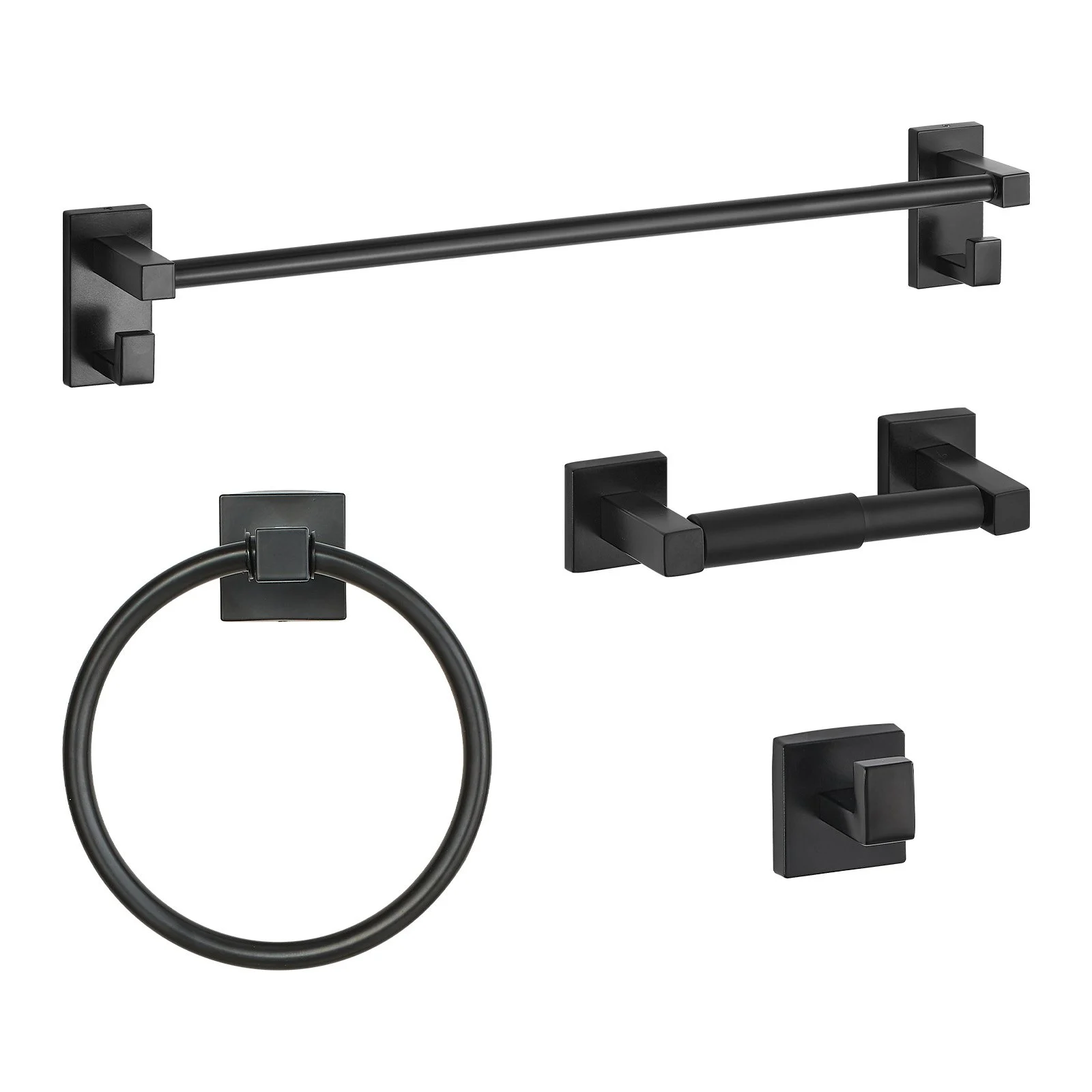 VEVOR Juego de accesorios de baño negro mate, 4 piezas de acero inoxidable, barra de toalla de 61 cm, anilla para toalla, gancho para bata y portarrollos de papel higiénico, para baño, montaje en pared