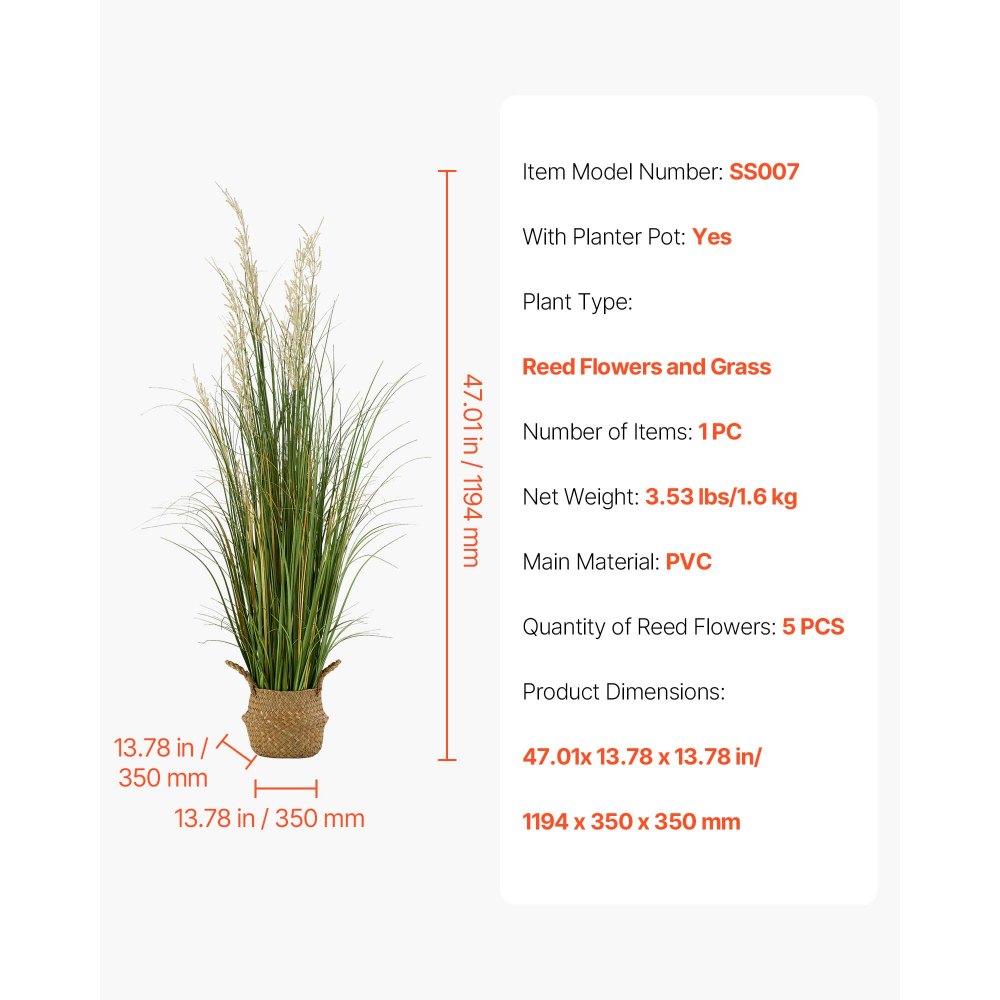 VEVOR Artificial Grass Plant, 47 inch Reed Flower Grass in Pot, Premium PVC Faux Fake Greenery Shrubs Plant for Indoor Outdoor House Home Garden Office Room Décor, Housewarming, 1 Pack Green