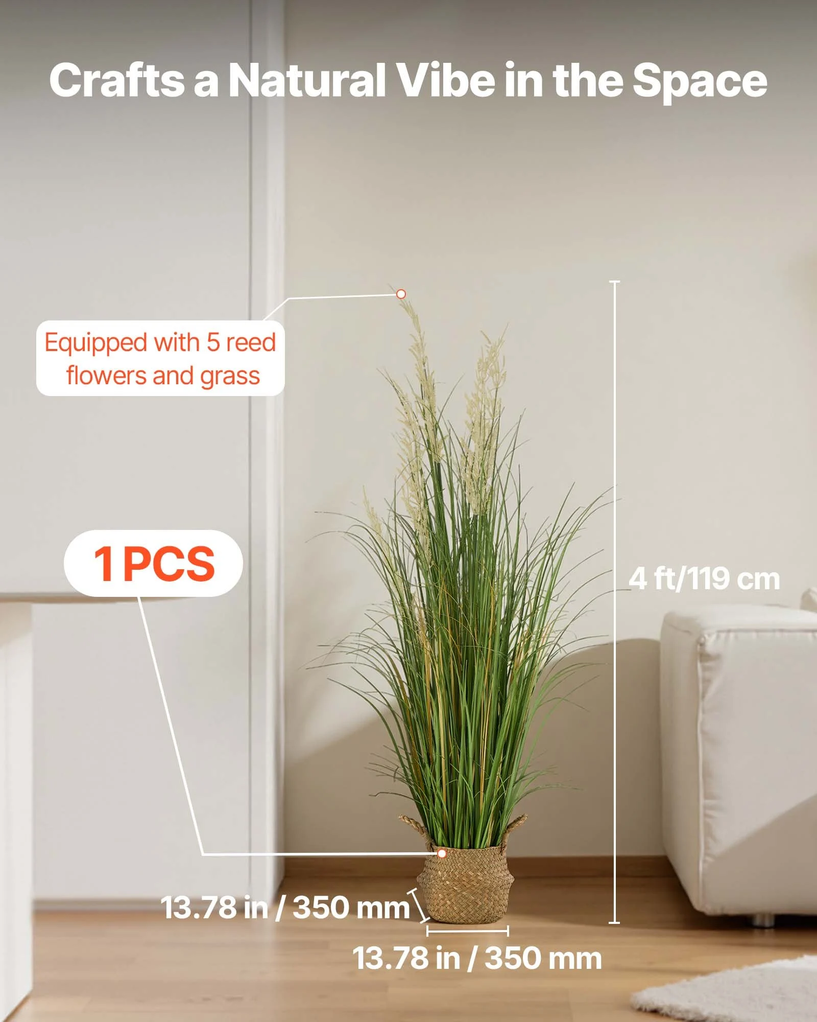 VEVOR Artificial Grass Plant, 47 inch Reed Flower Grass in Pot, Premium PVC Faux Fake Greenery Shrubs Plant for Indoor Outdoor House Home Garden Office Room Décor, Housewarming, 1 Pack Green