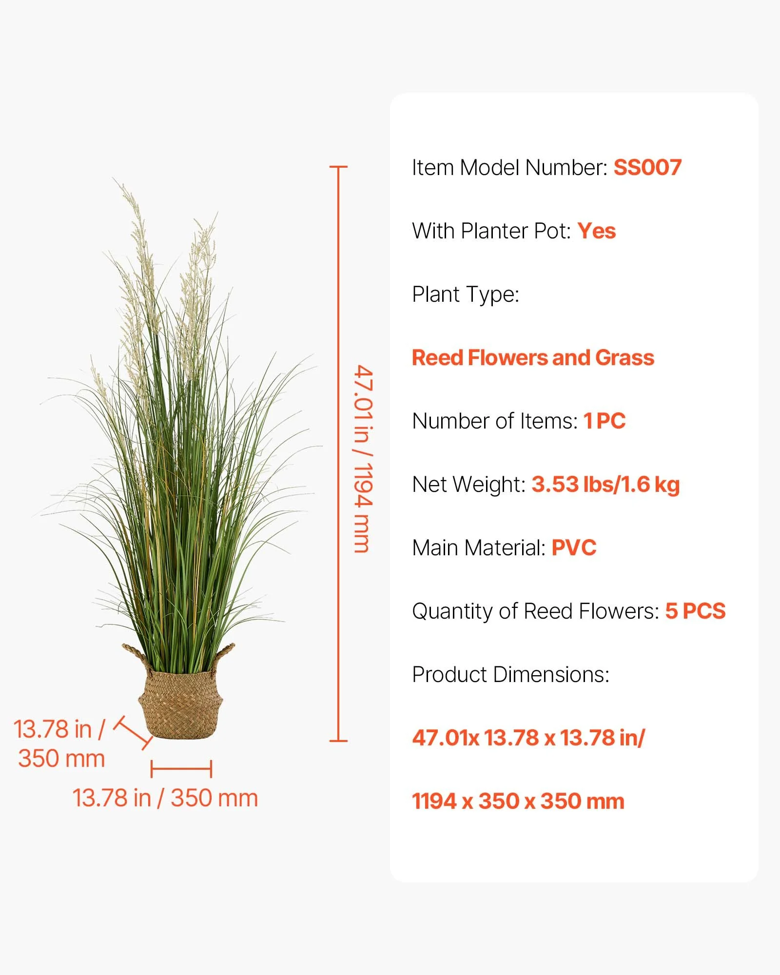 VEVOR Artificial Grass Plant, 47 inch Reed Flower Grass in Pot, Premium PVC Faux Fake Greenery Shrubs Plant for Indoor Outdoor House Home Garden Office Room Décor, Housewarming, 1 Pack Green
