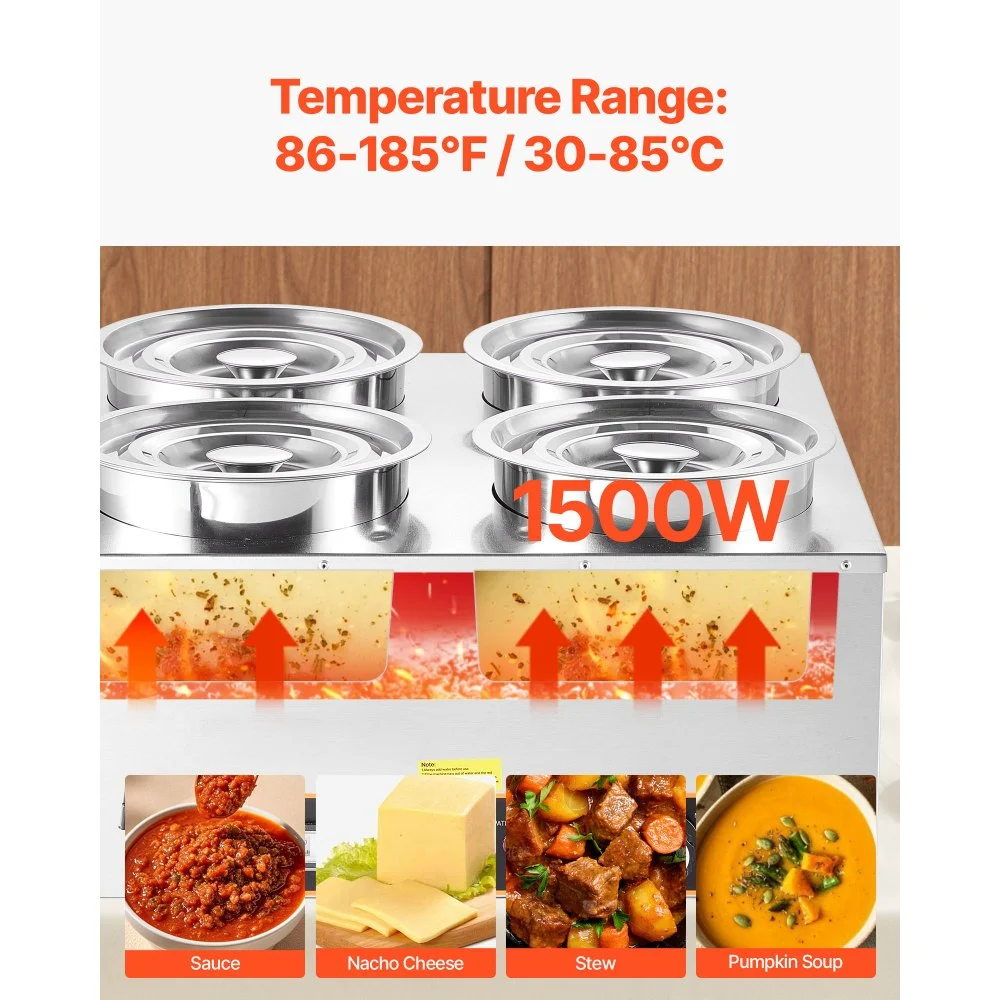 VEVOR Electric Soup Warmer, Four 6.34QT Stainless Steel Round Pot with 86~185°F Adjustable Temp, 1500W Commercial Bain Marie with Anti-dry Burn and Reset Button, Soup Station for Restaurant, Buffet
