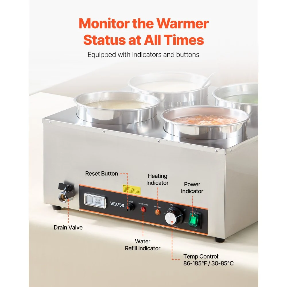 VEVOR Electric Soup Warmer, Four 6.34QT Stainless Steel Round Pot with 86~185°F Adjustable Temp, 1500W Commercial Bain Marie with Anti-dry Burn and Reset Button, Soup Station for Restaurant, Buffet