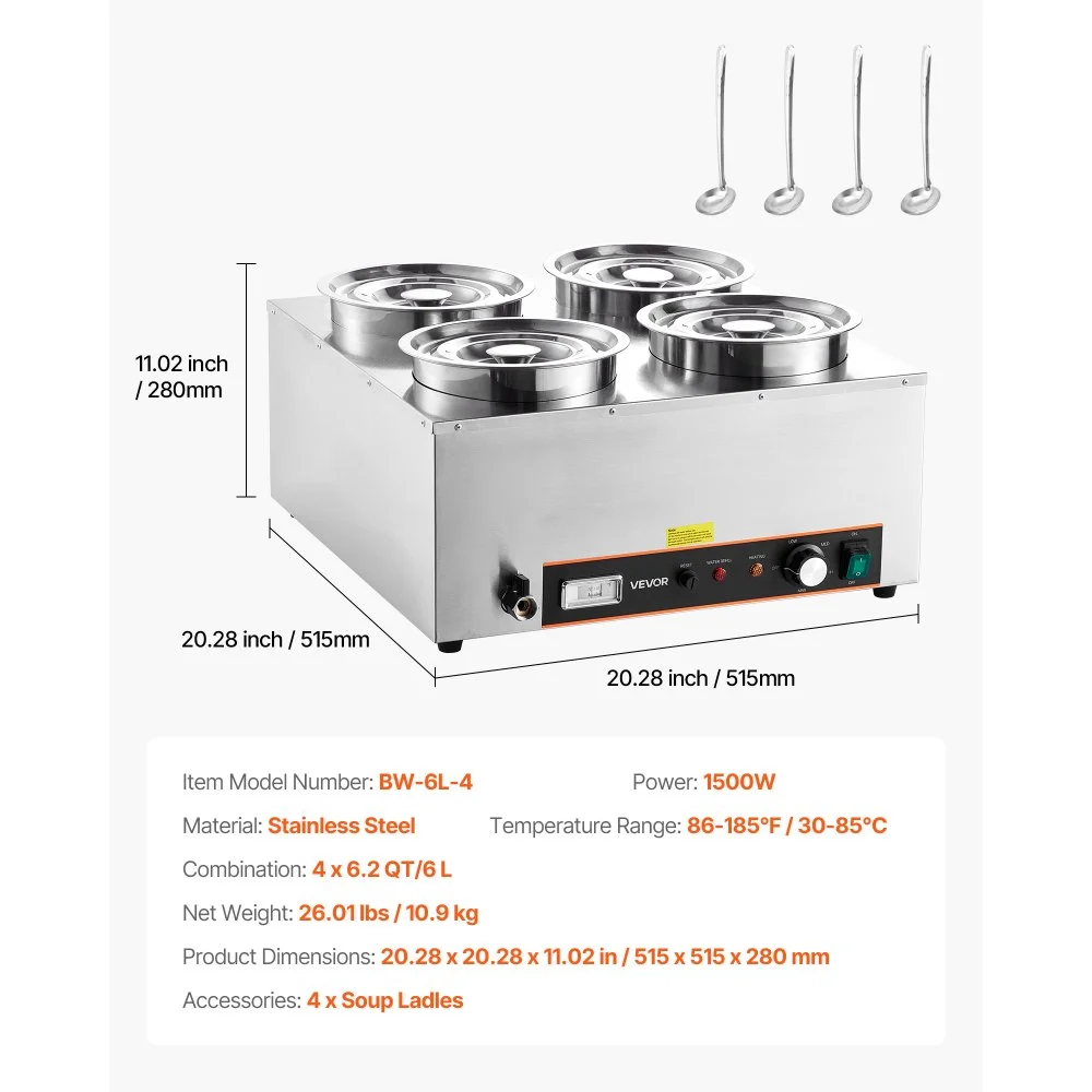 VEVOR Electric Soup Warmer, Four 6.34QT Stainless Steel Round Pot with 86~185°F Adjustable Temp, 1500W Commercial Bain Marie with Anti-dry Burn and Reset Button, Soup Station for Restaurant, Buffet
