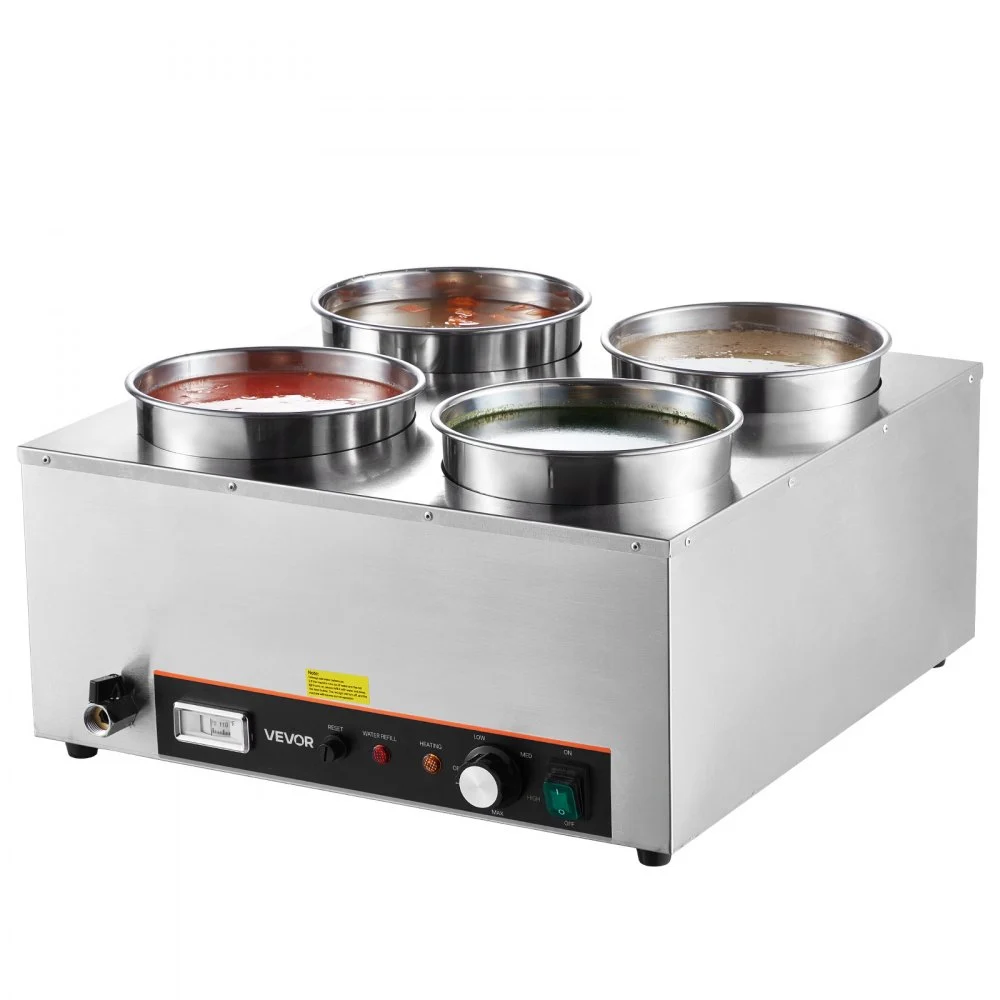 VEVOR Electric Soup Warmer, Four 6.34QT Stainless Steel Round Pot with 86~185°F Adjustable Temp, 1500W Commercial Bain Marie with Anti-dry Burn and Reset Button, Soup Station for Restaurant, Buffet