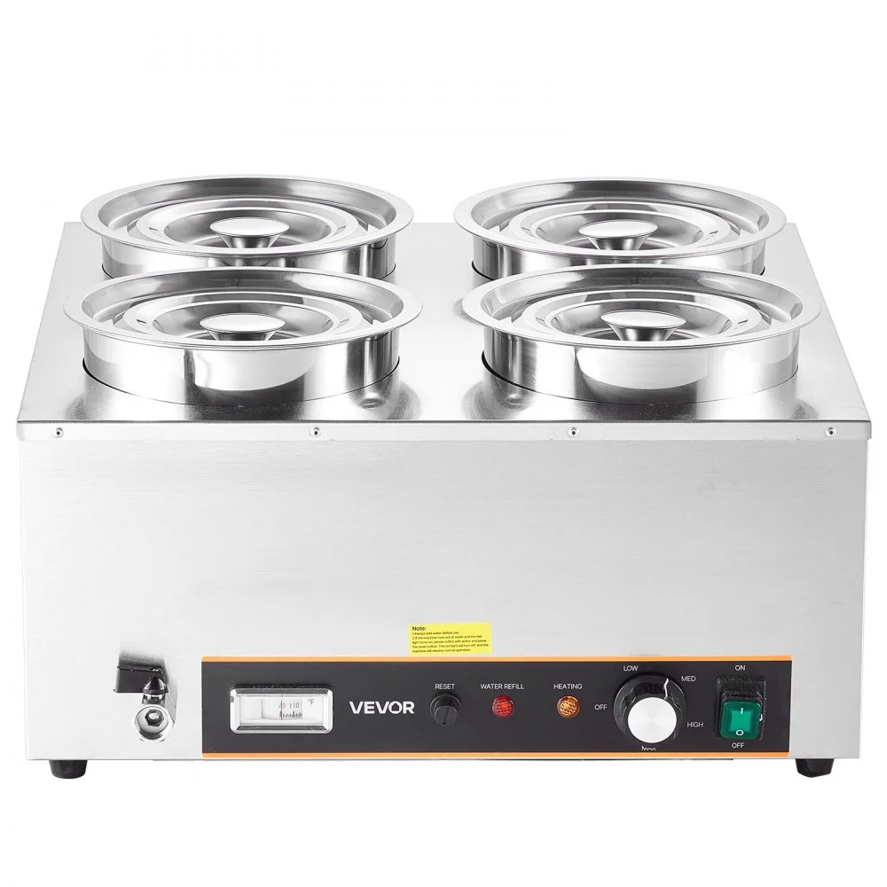 VEVOR Electric Soup Warmer, Four 6.34QT Stainless Steel Round Pot with 86~185°F Adjustable Temp, 1500W Commercial Bain Marie with Anti-dry Burn and Reset Button, Soup Station for Restaurant, Buffet