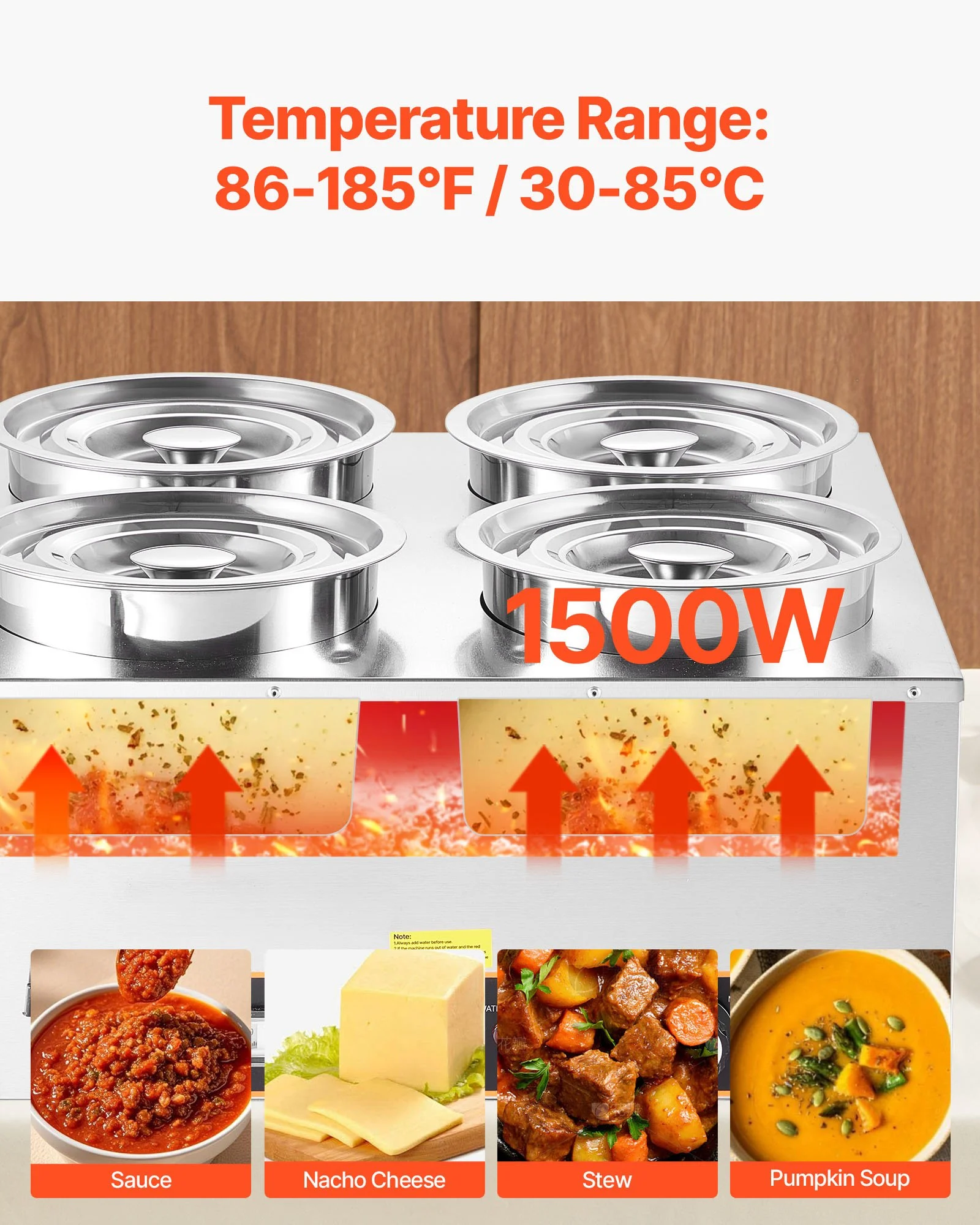 VEVOR Electric Soup Warmer, Four 6.34QT Stainless Steel Round Pot with 86~185°F Adjustable Temp, 1500W Commercial Bain Marie with Anti-dry Burn and Reset Button, Soup Station for Restaurant, Buffet
