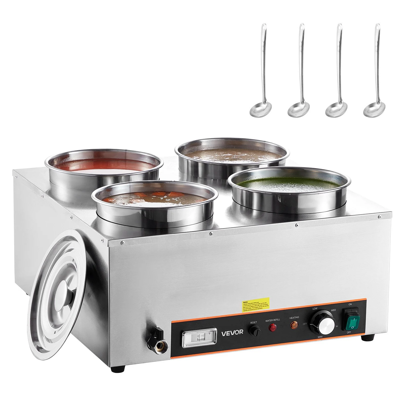 VEVOR Electric Soup Warmer, Four 6.34QT Stainless Steel Round Pot with 86~185°F Adjustable Temp, 1500W Commercial Bain Marie with Anti-dry Burn and Reset Button, Soup Station for Restaurant, Buffet