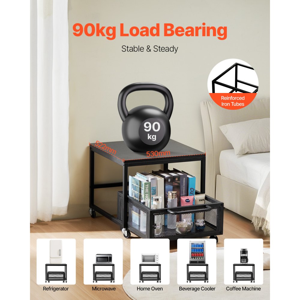 VEVOR - Mini refrigerador con soporte y almacenamiento, mesa de 89 kg con carrito de almacenamiento móvil y ruedas giratorias, soporte para bebidas, organizador para oficina, hogar y dormitorio, color negro