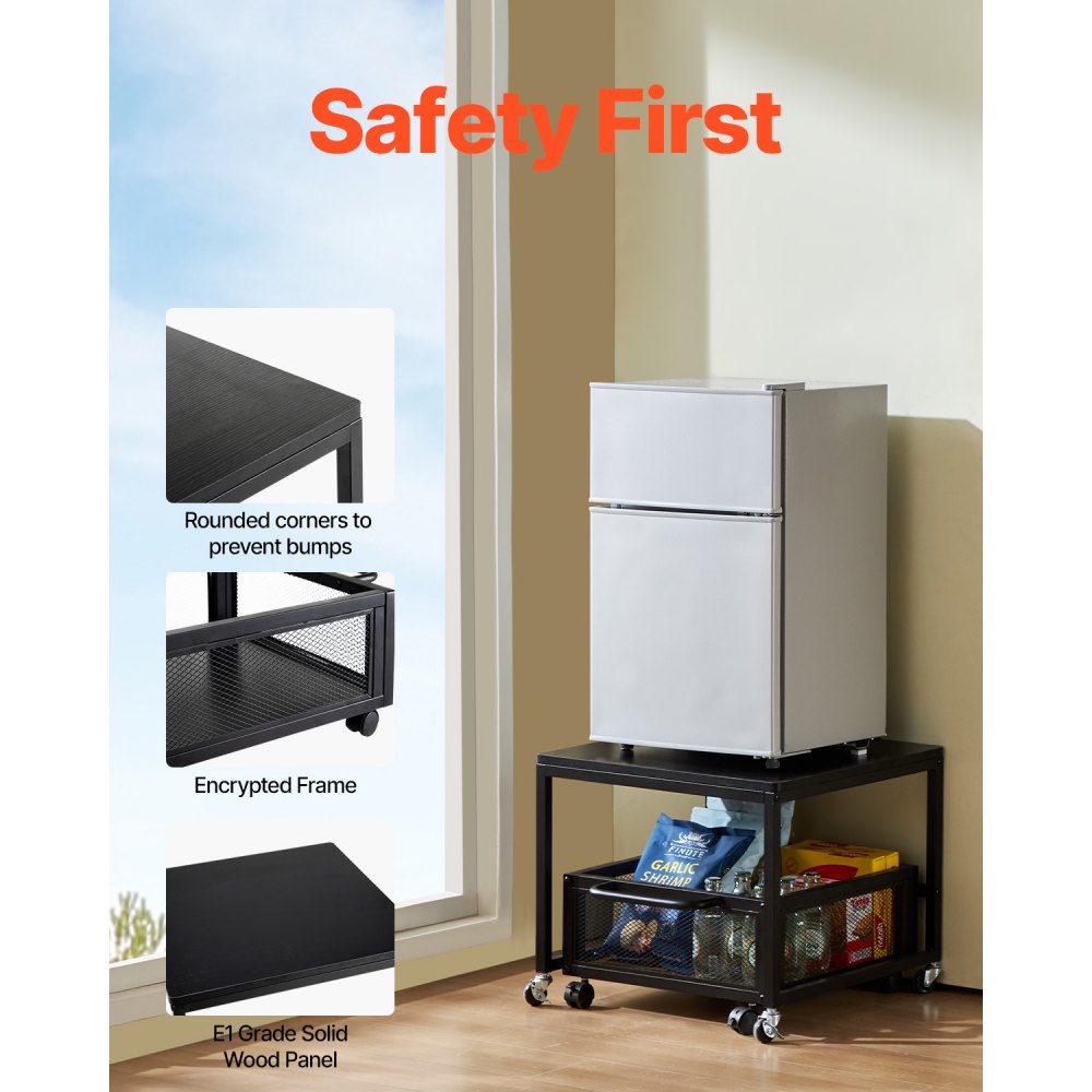 VEVOR - Mini refrigerador con soporte y almacenamiento, mesa de 89 kg con carrito de almacenamiento móvil y ruedas giratorias, soporte para bebidas, organizador para oficina, hogar y dormitorio, color negro