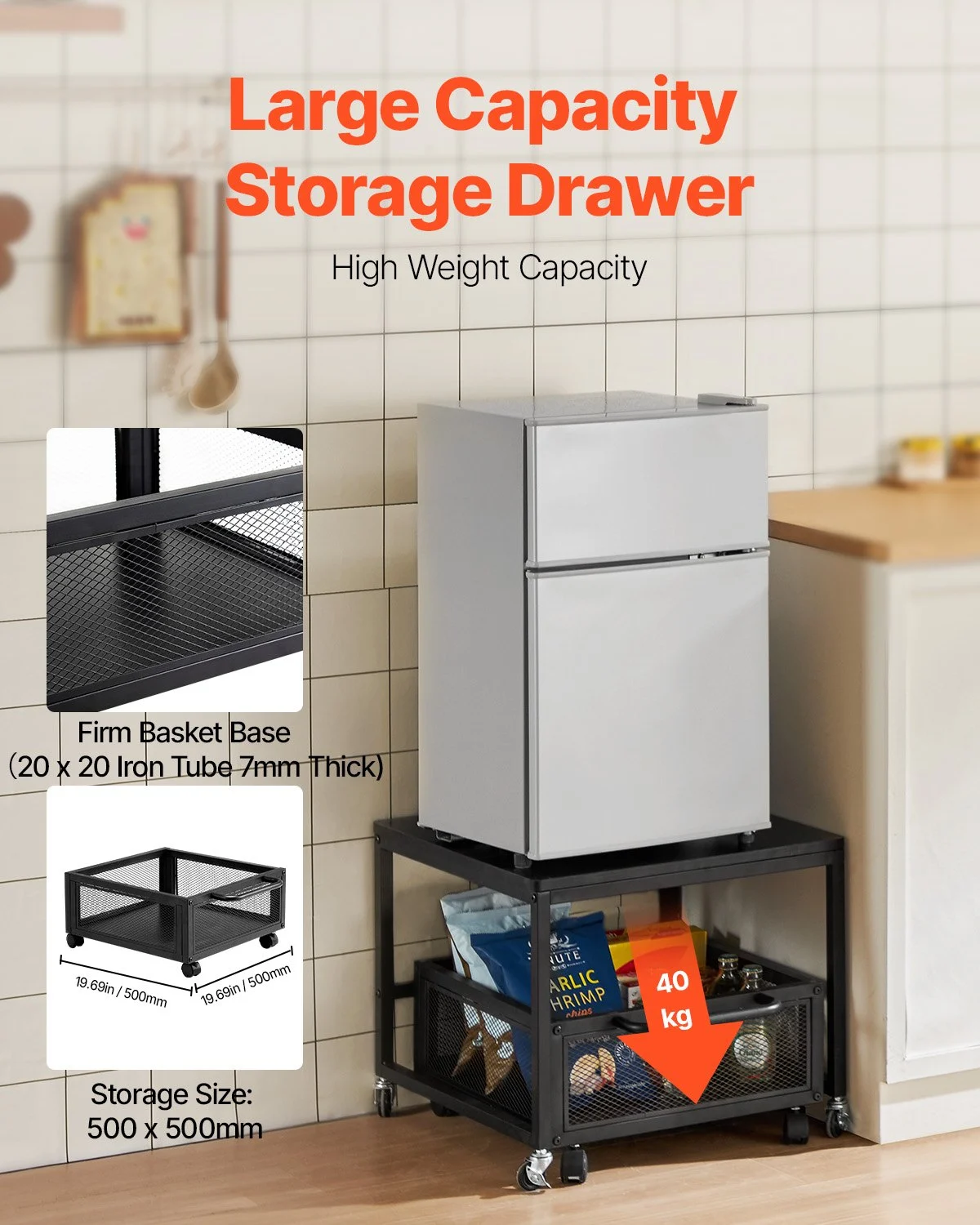 VEVOR - Mini refrigerador con soporte y almacenamiento, mesa de 89 kg con carrito de almacenamiento móvil y ruedas giratorias, soporte para bebidas, organizador para oficina, hogar y dormitorio, color negro