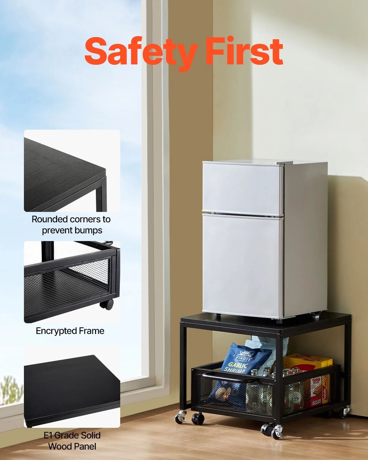 VEVOR - Mini refrigerador con soporte y almacenamiento, mesa de 89 kg con carrito de almacenamiento móvil y ruedas giratorias, soporte para bebidas, organizador para oficina, hogar y dormitorio, color negro