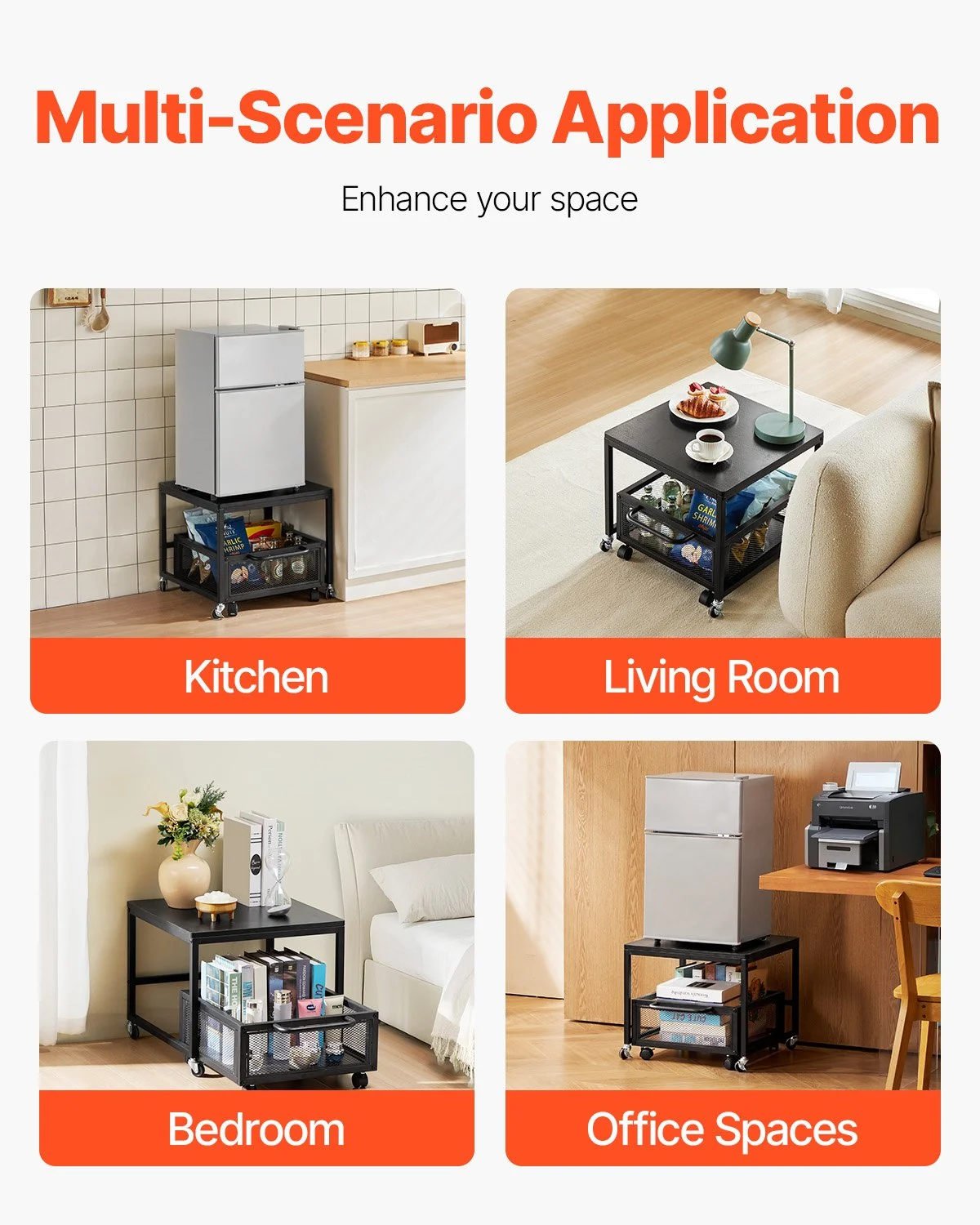 VEVOR - Mini refrigerador con soporte y almacenamiento, mesa de 89 kg con carrito de almacenamiento móvil y ruedas giratorias, soporte para bebidas, organizador para oficina, hogar y dormitorio, color negro
