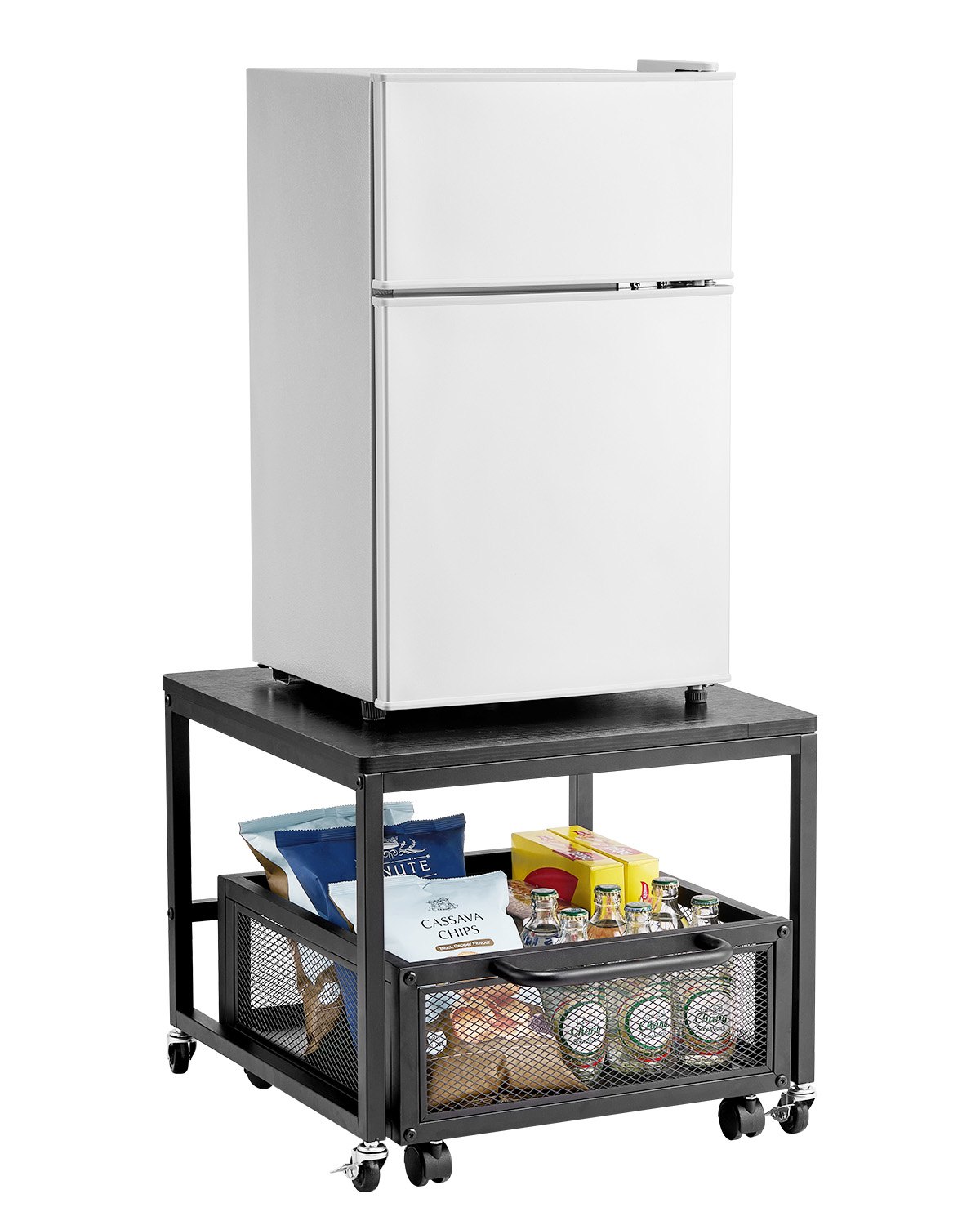 VEVOR - Mini refrigerador con soporte y almacenamiento, mesa de 89 kg con carrito de almacenamiento móvil y ruedas giratorias, soporte para bebidas, organizador para oficina, hogar y dormitorio, color negro