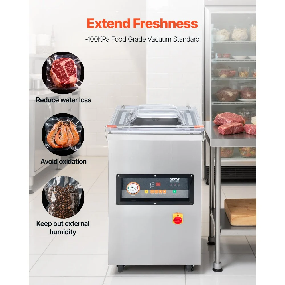 Selladora al vacío de cámara VEVOR, 900 W de potencia, ideal para alimentos húmedos, carnes, marinadas y más. Tamaño compacto con una longitud de sellado de 40 cm (15,7 pulgadas). Apta para uso doméstico y comercial.