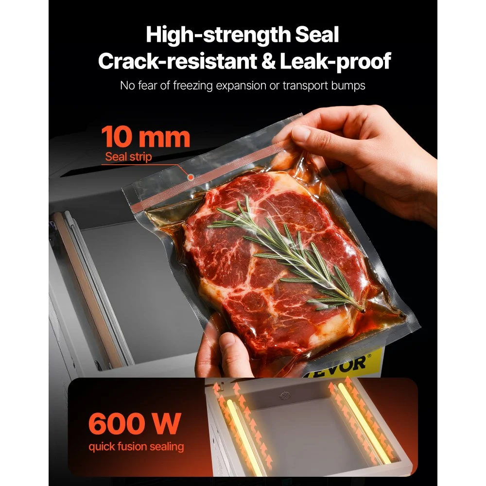 Selladora al vacío de cámara VEVOR, 900 W de potencia, ideal para alimentos húmedos, carnes, marinadas y más. Tamaño compacto con una longitud de sellado de 40 cm (15,7 pulgadas). Apta para uso doméstico y comercial.