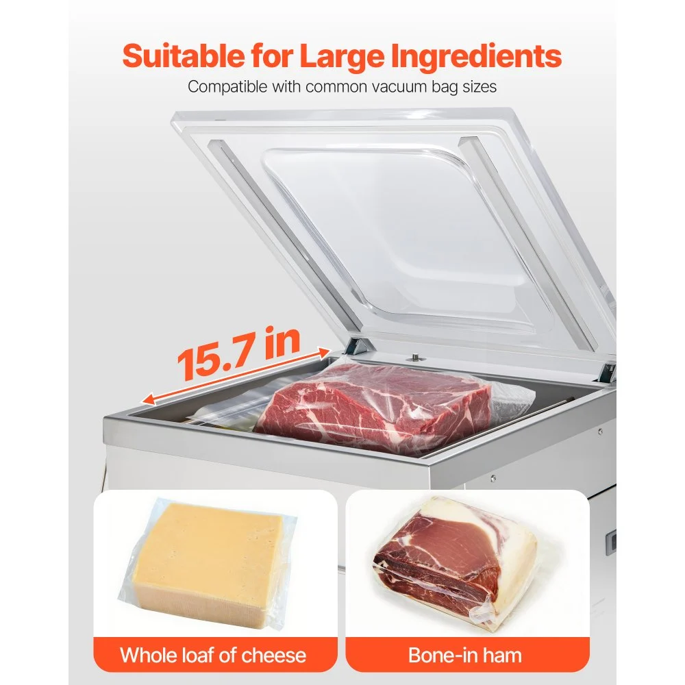 Selladora al vacío de cámara VEVOR, 900 W de potencia, ideal para alimentos húmedos, carnes, marinadas y más. Tamaño compacto con una longitud de sellado de 40 cm (15,7 pulgadas). Apta para uso doméstico y comercial.