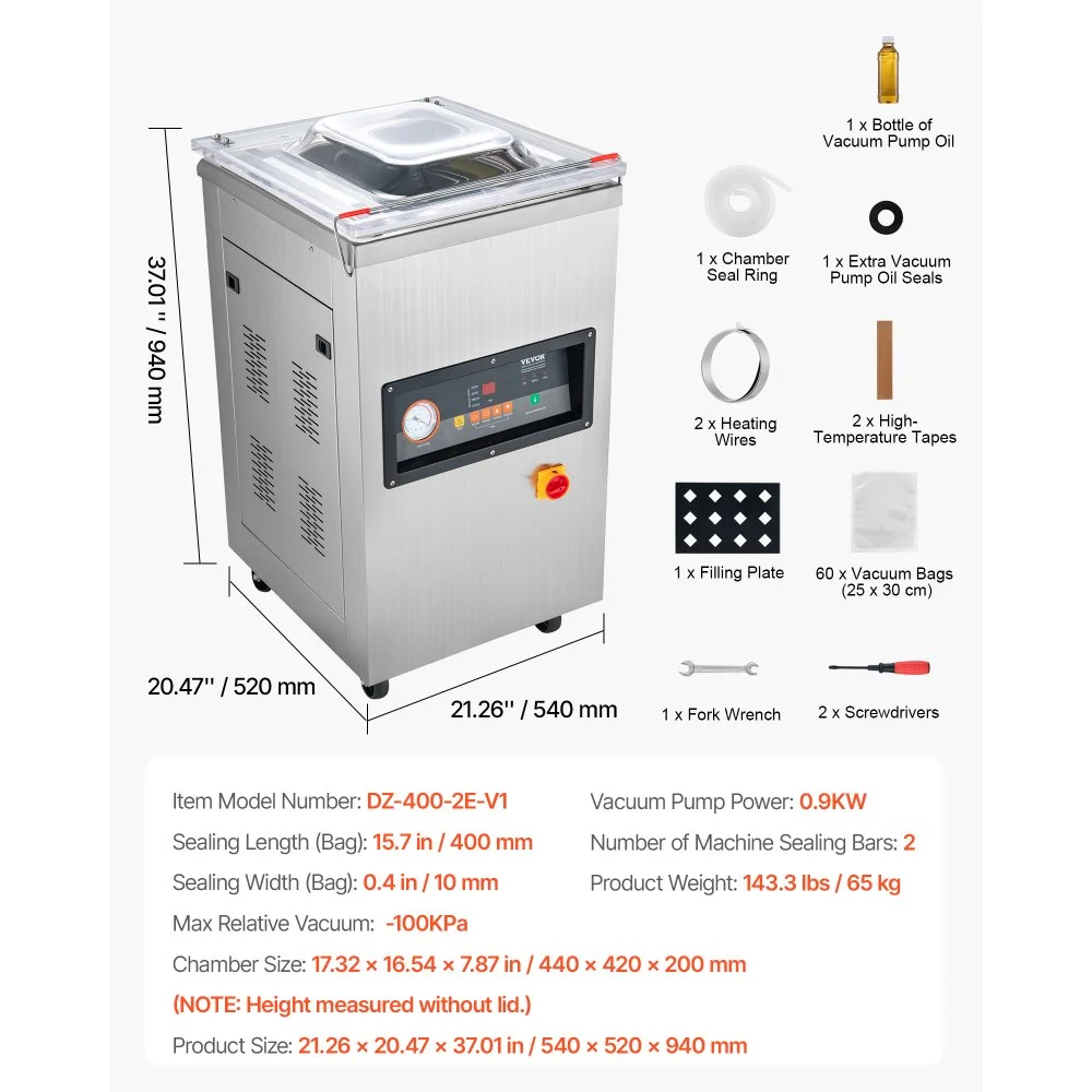 Selladora al vacío de cámara VEVOR, 900 W de potencia, ideal para alimentos húmedos, carnes, marinadas y más. Tamaño compacto con una longitud de sellado de 40 cm (15,7 pulgadas). Apta para uso doméstico y comercial.