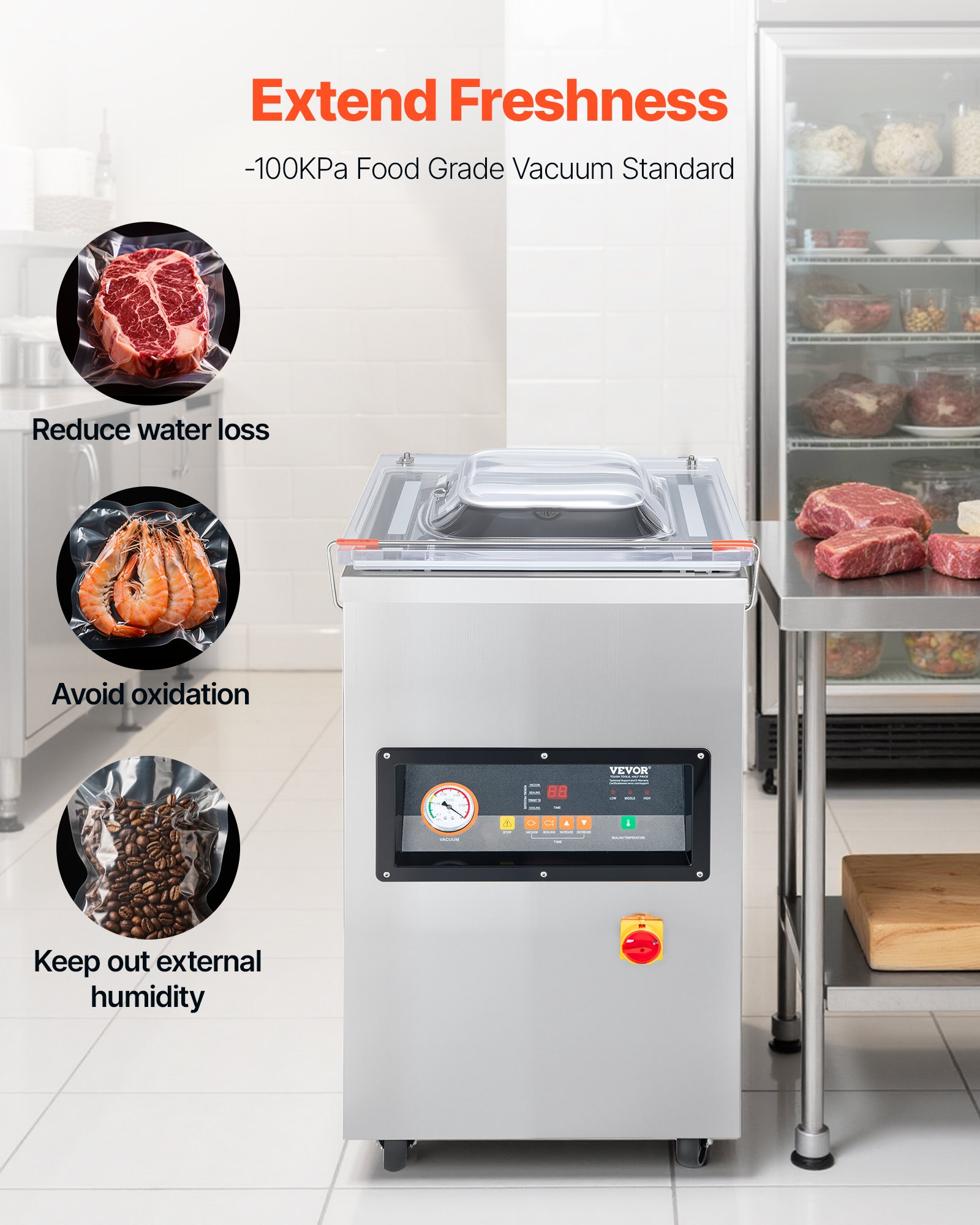 Selladora al vacío de cámara VEVOR, 900 W de potencia, ideal para alimentos húmedos, carnes, marinadas y más. Tamaño compacto con una longitud de sellado de 40 cm (15,7 pulgadas). Apta para uso doméstico y comercial.