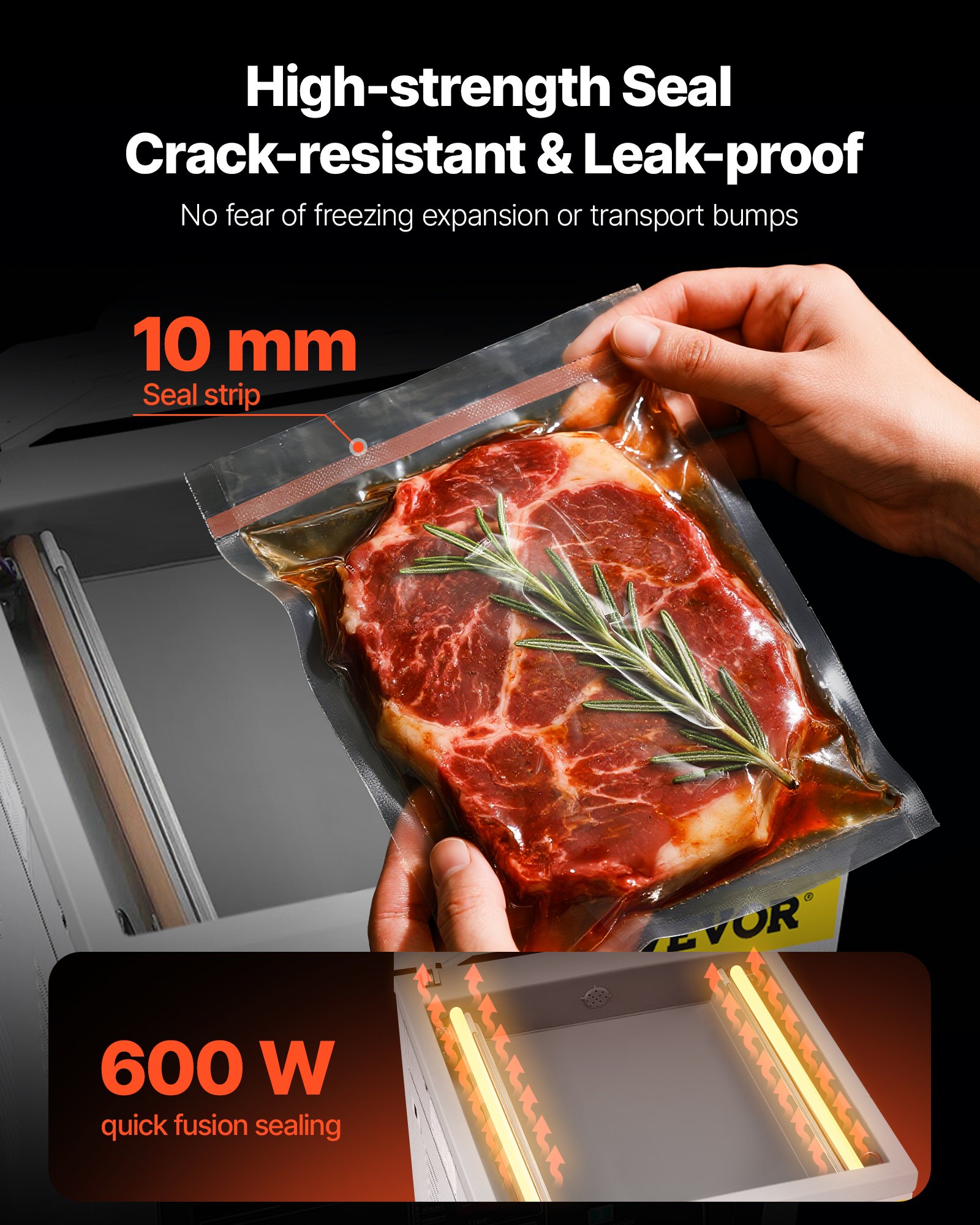 Selladora al vacío de cámara VEVOR, 900 W de potencia, ideal para alimentos húmedos, carnes, marinadas y más. Tamaño compacto con una longitud de sellado de 40 cm (15,7 pulgadas). Apta para uso doméstico y comercial.