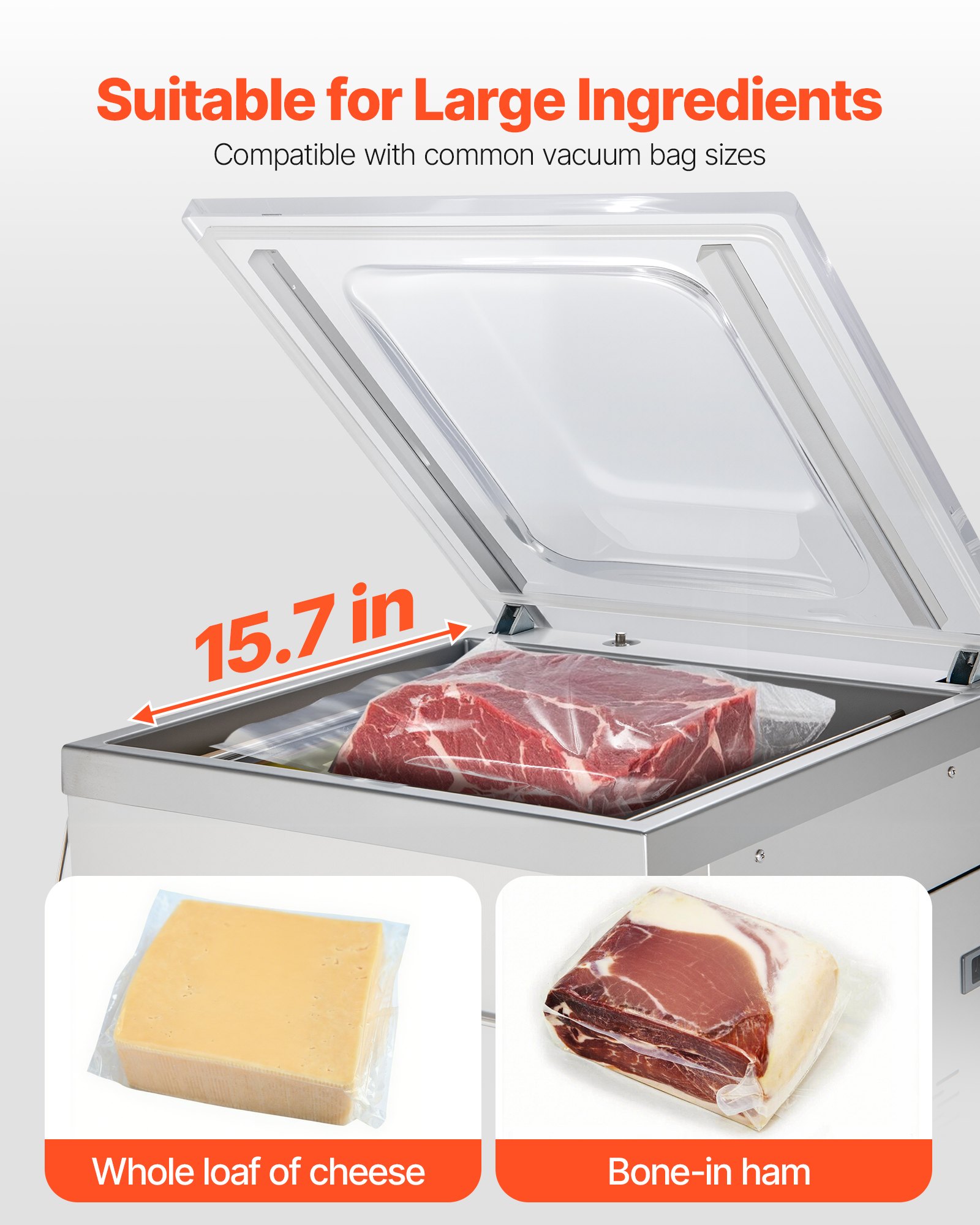 Selladora al vacío de cámara VEVOR, 900 W de potencia, ideal para alimentos húmedos, carnes, marinadas y más. Tamaño compacto con una longitud de sellado de 40 cm (15,7 pulgadas). Apta para uso doméstico y comercial.