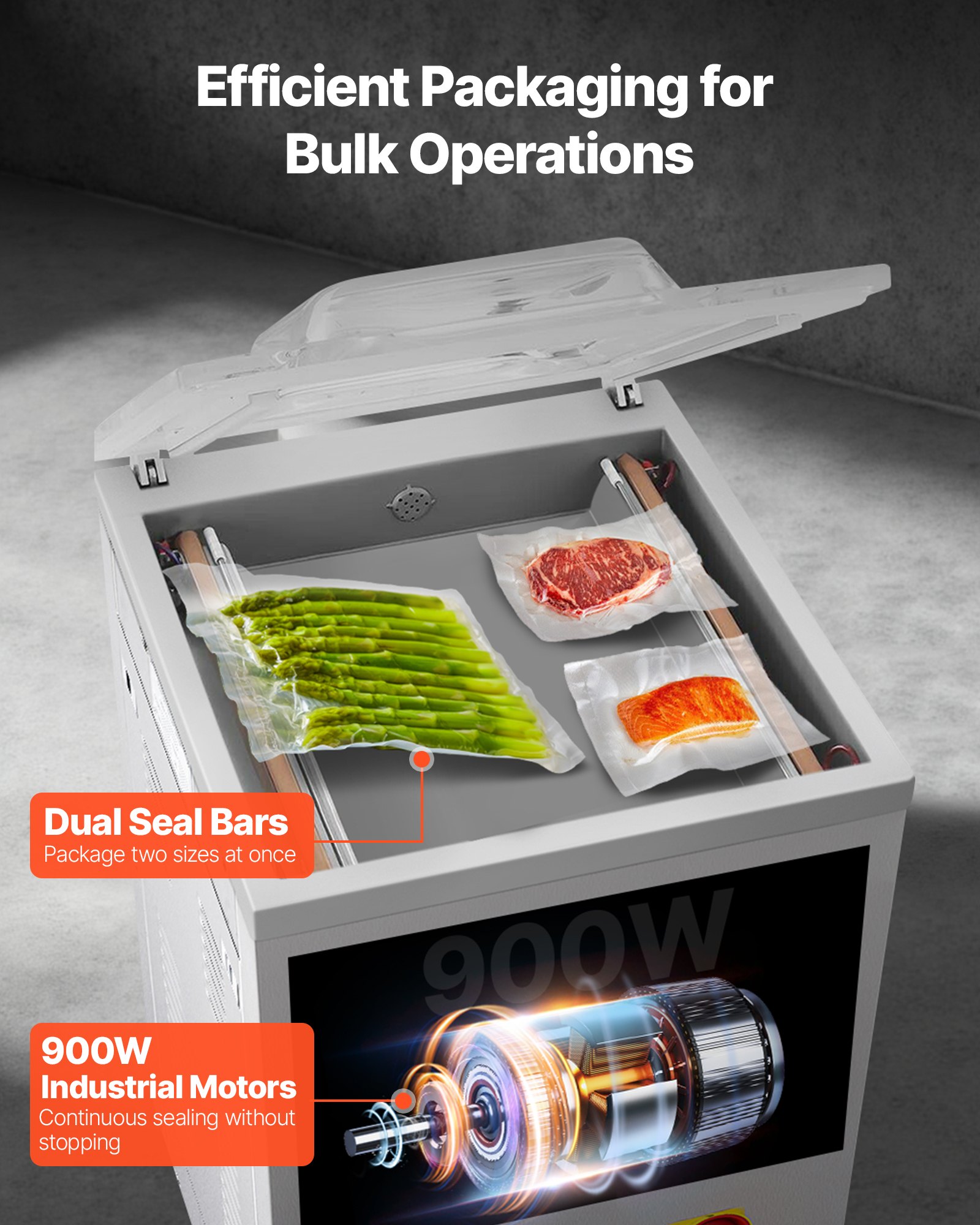 Selladora al vacío de cámara VEVOR, 900 W de potencia, ideal para alimentos húmedos, carnes, marinadas y más. Tamaño compacto con una longitud de sellado de 40 cm (15,7 pulgadas). Apta para uso doméstico y comercial.