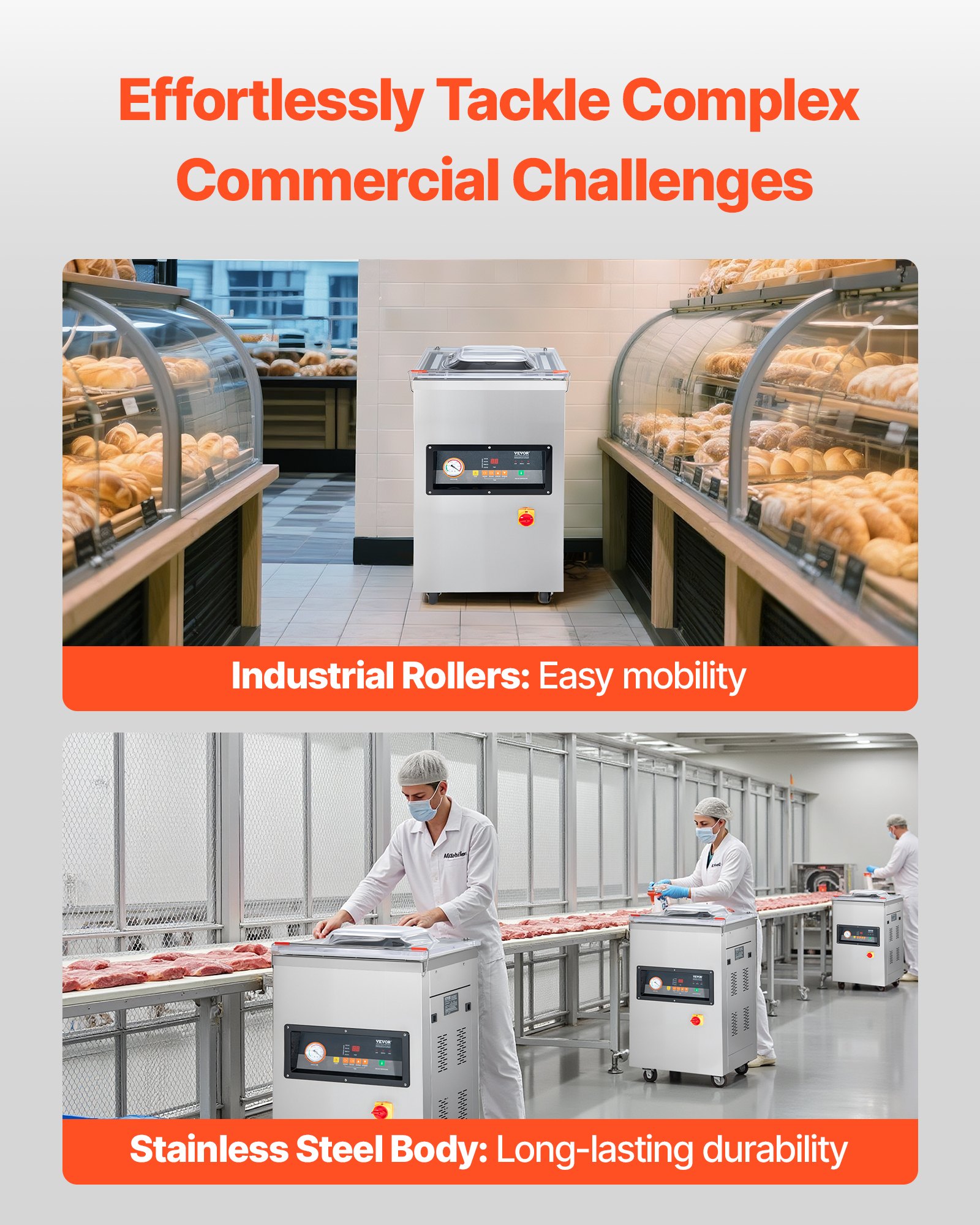 Selladora al vacío de cámara VEVOR, 900 W de potencia, ideal para alimentos húmedos, carnes, marinadas y más. Tamaño compacto con una longitud de sellado de 40 cm (15,7 pulgadas). Apta para uso doméstico y comercial.