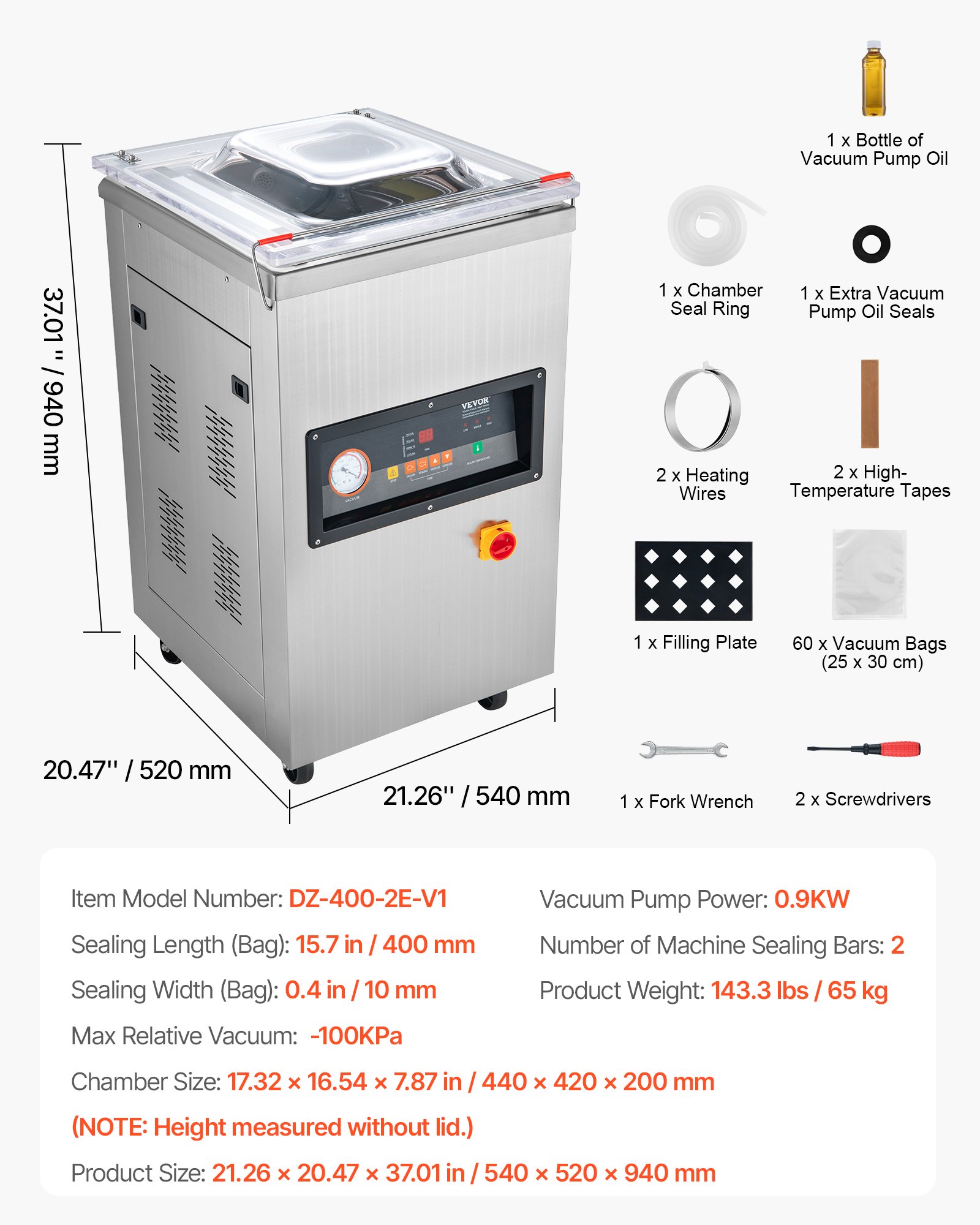 Selladora al vacío de cámara VEVOR, 900 W de potencia, ideal para alimentos húmedos, carnes, marinadas y más. Tamaño compacto con una longitud de sellado de 40 cm (15,7 pulgadas). Apta para uso doméstico y comercial.