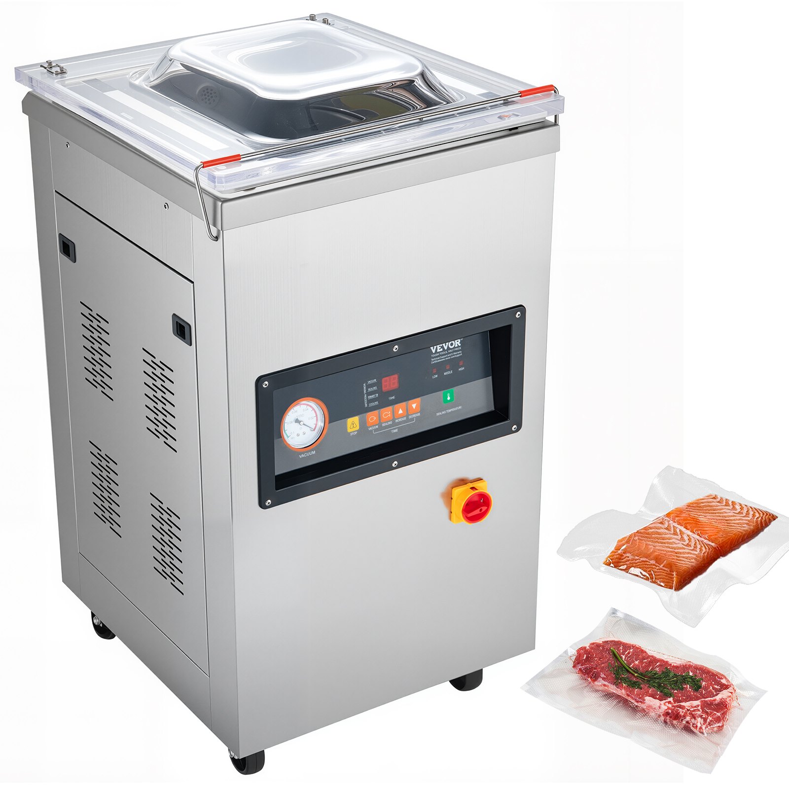 Selladora al vacío de cámara VEVOR, 900 W de potencia, ideal para alimentos húmedos, carnes, marinadas y más. Tamaño compacto con una longitud de sellado de 40 cm (15,7 pulgadas). Apta para uso doméstico y comercial.