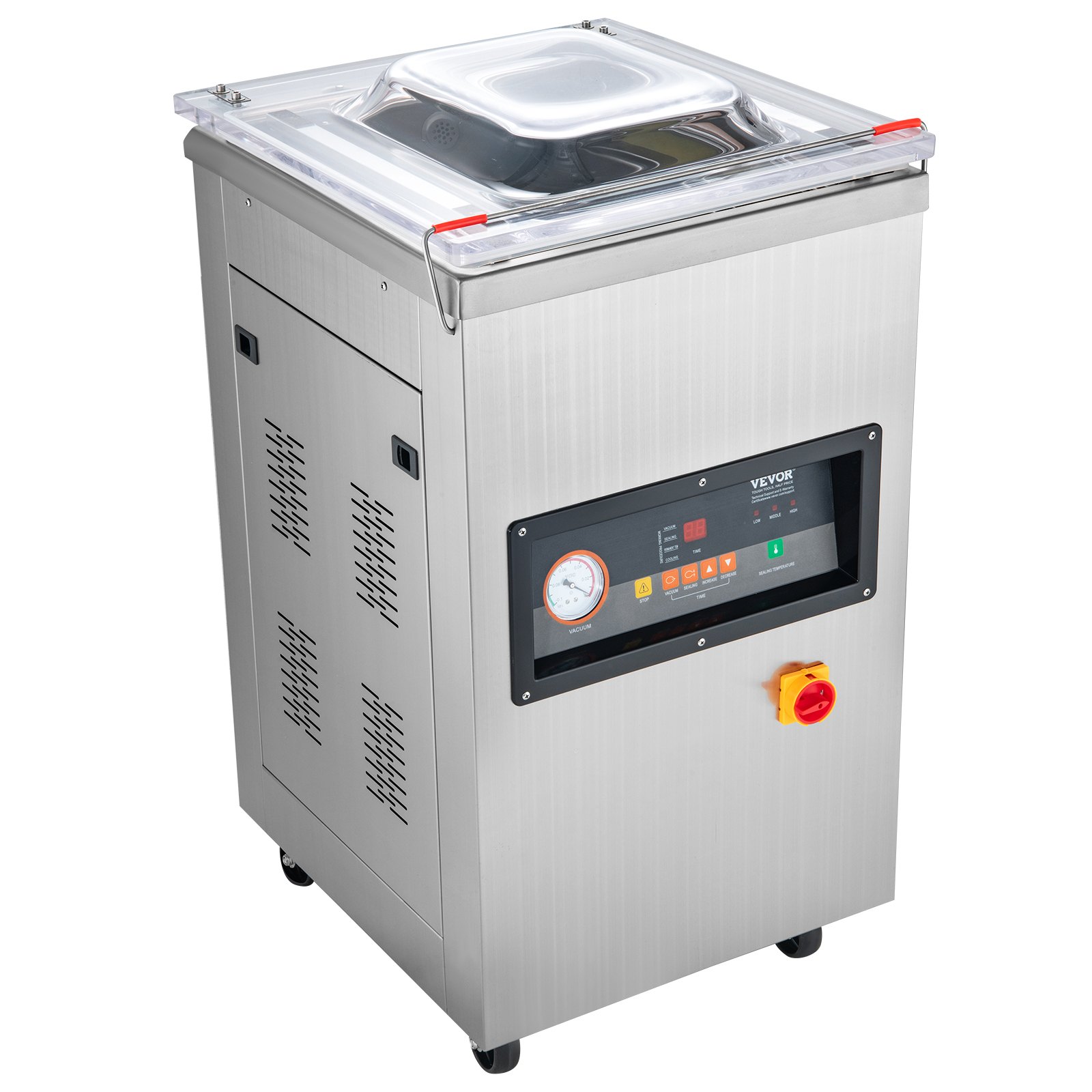 Selladora al vacío de cámara VEVOR, 900 W de potencia, ideal para alimentos húmedos, carnes, marinadas y más. Tamaño compacto con una longitud de sellado de 40 cm (15,7 pulgadas). Apta para uso doméstico y comercial.