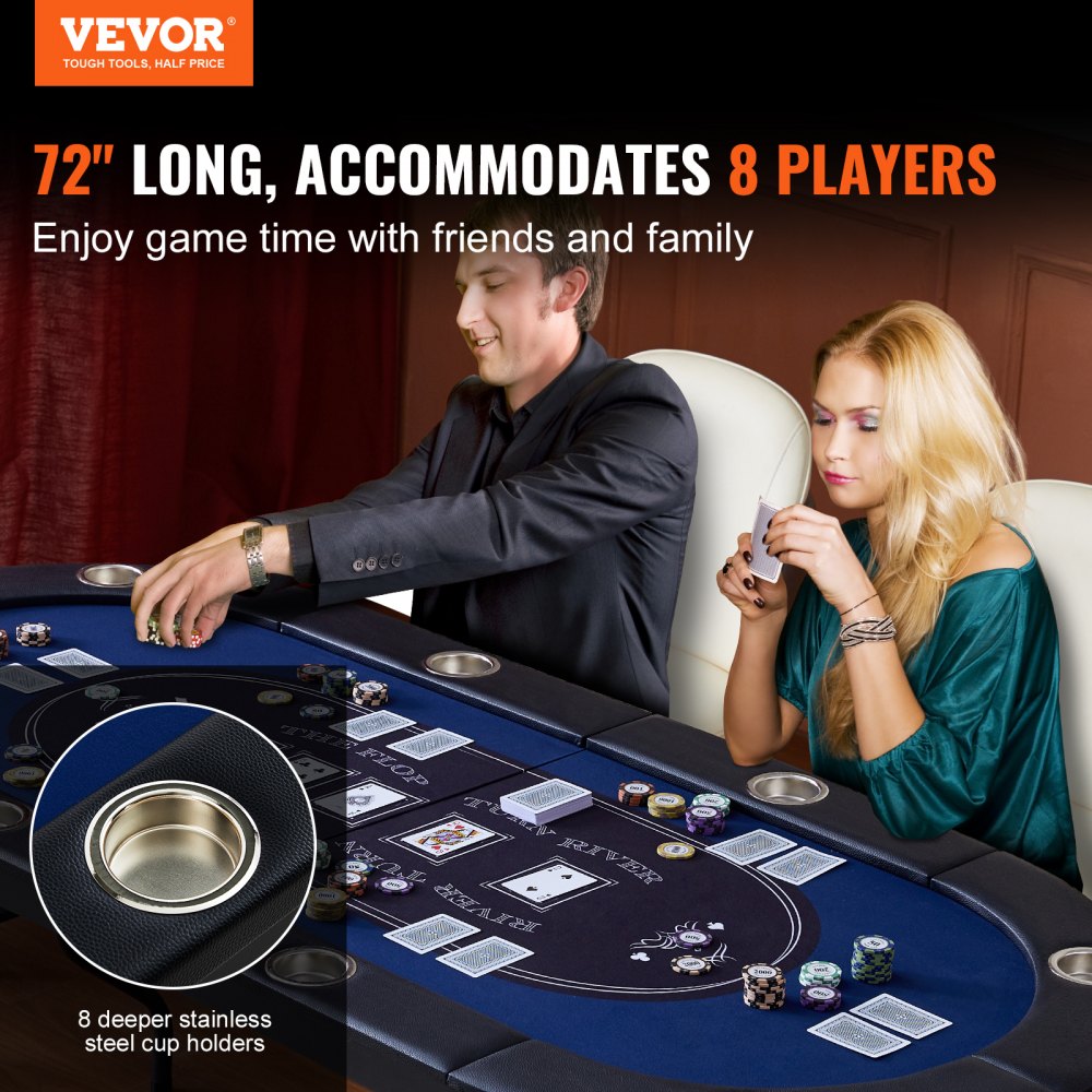 Mesa de póker plegable VEVOR para 8 jugadores, mesa de blackjack y Texas Hold'em con barandas acolchadas y portavasos de acero inoxidable, mesa de juegos de cartas plegable portátil, mesa ovalada de 72" para casino y ocio, azul
