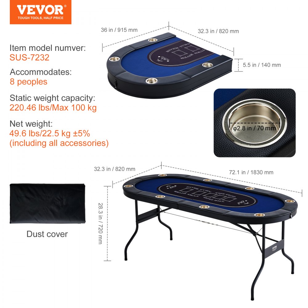 Mesa de póker plegable VEVOR para 8 jugadores, mesa de blackjack y Texas Hold'em con barandas acolchadas y portavasos de acero inoxidable, mesa de juegos de cartas plegable portátil, mesa ovalada de 72" para casino y ocio, azul