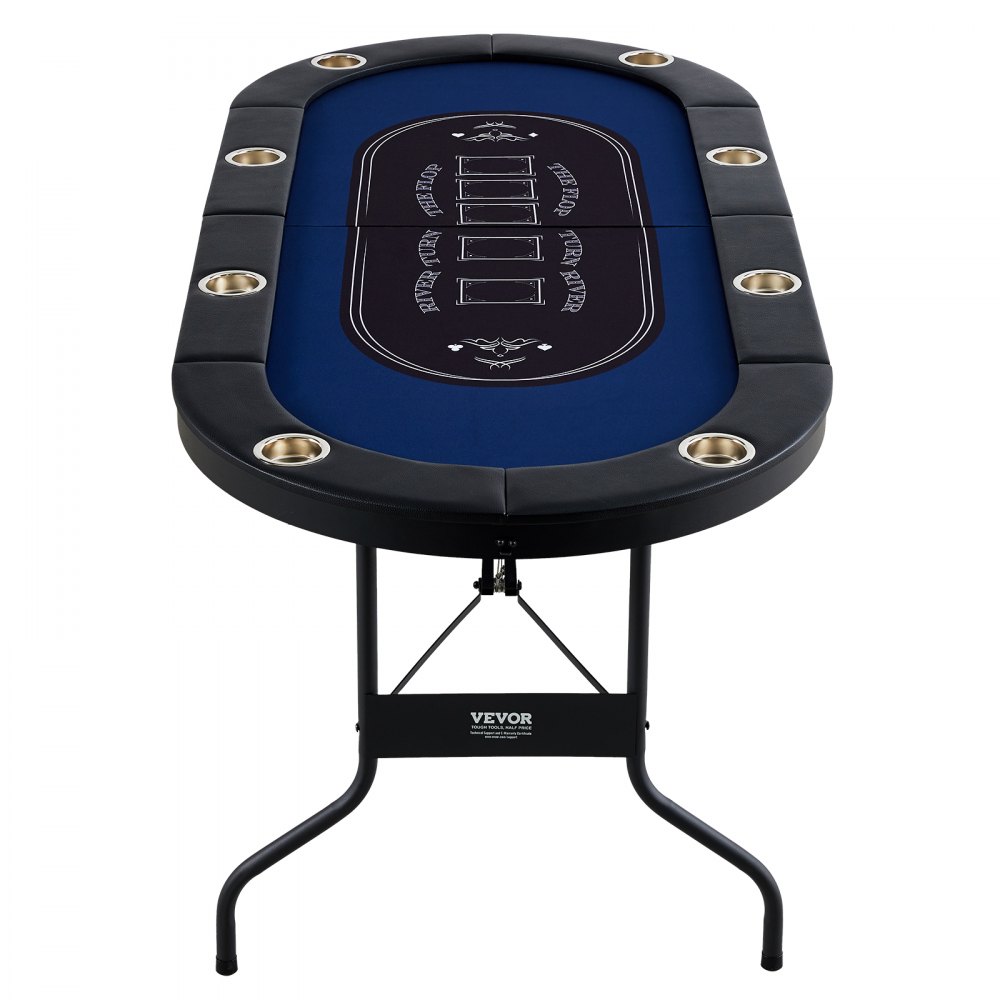 Mesa de póker plegable VEVOR para 8 jugadores, mesa de blackjack y Texas Hold'em con barandas acolchadas y portavasos de acero inoxidable, mesa de juegos de cartas plegable portátil, mesa ovalada de 72" para casino y ocio, azul