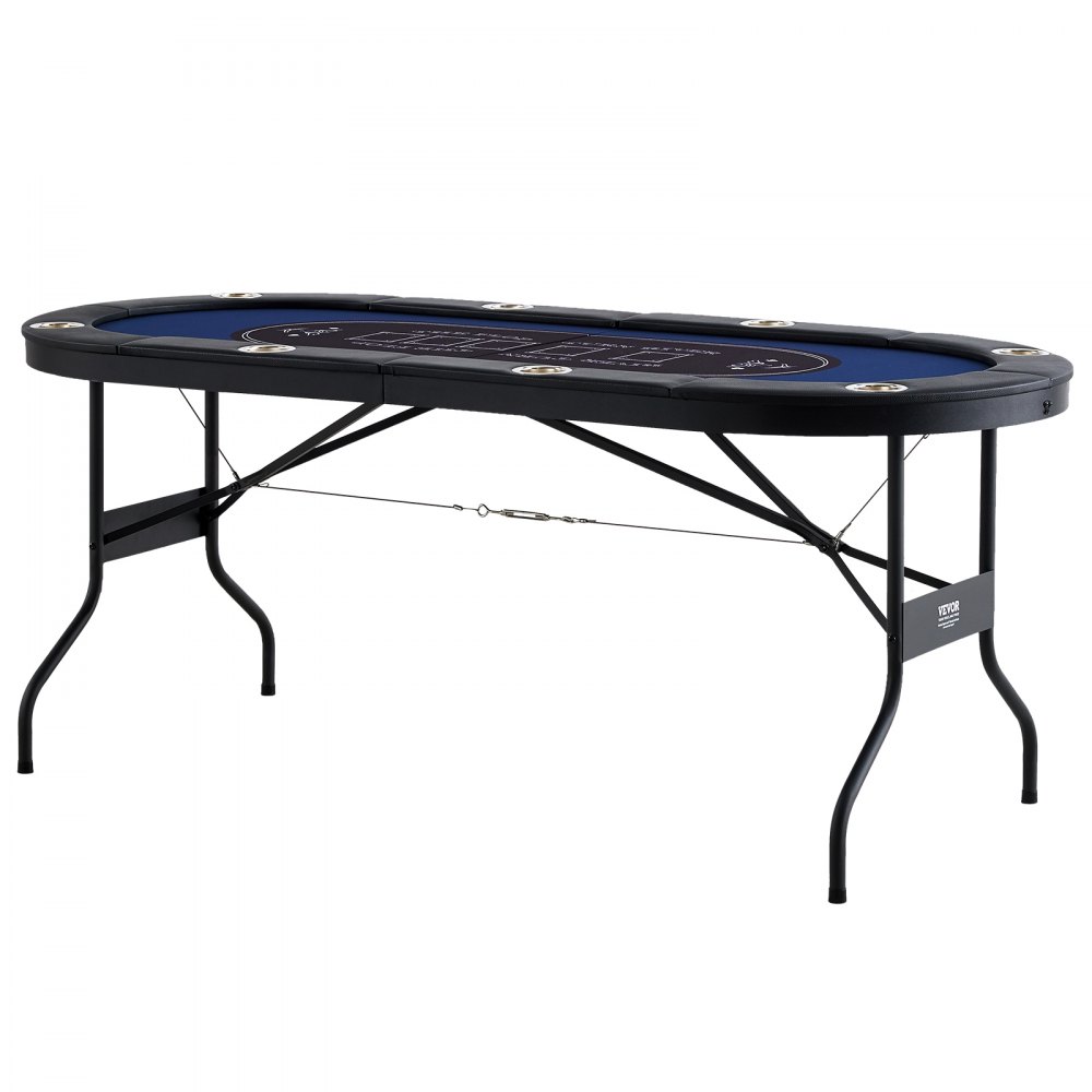 Mesa de póker plegable VEVOR para 8 jugadores, mesa de blackjack y Texas Hold'em con barandas acolchadas y portavasos de acero inoxidable, mesa de juegos de cartas plegable portátil, mesa ovalada de 72" para casino y ocio, azul