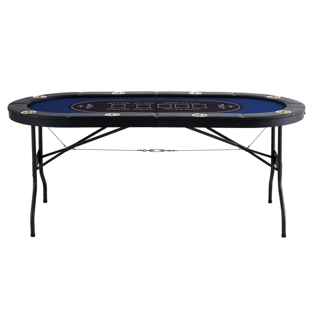 Mesa de póker plegable VEVOR para 8 jugadores, mesa de blackjack y Texas Hold'em con barandas acolchadas y portavasos de acero inoxidable, mesa de juegos de cartas plegable portátil, mesa ovalada de 72" para casino y ocio, azul