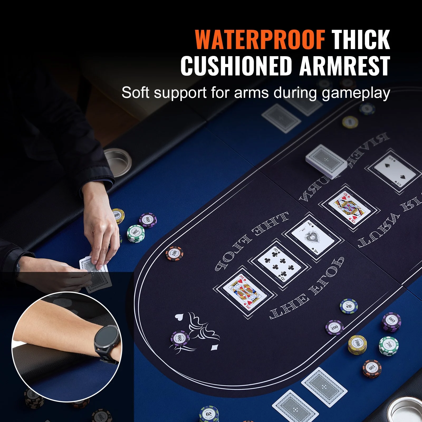 Mesa de póker plegable VEVOR para 8 jugadores, mesa de blackjack y Texas Hold'em con barandas acolchadas y portavasos de acero inoxidable, mesa de juegos de cartas plegable portátil, mesa ovalada de 72" para casino y ocio, azul