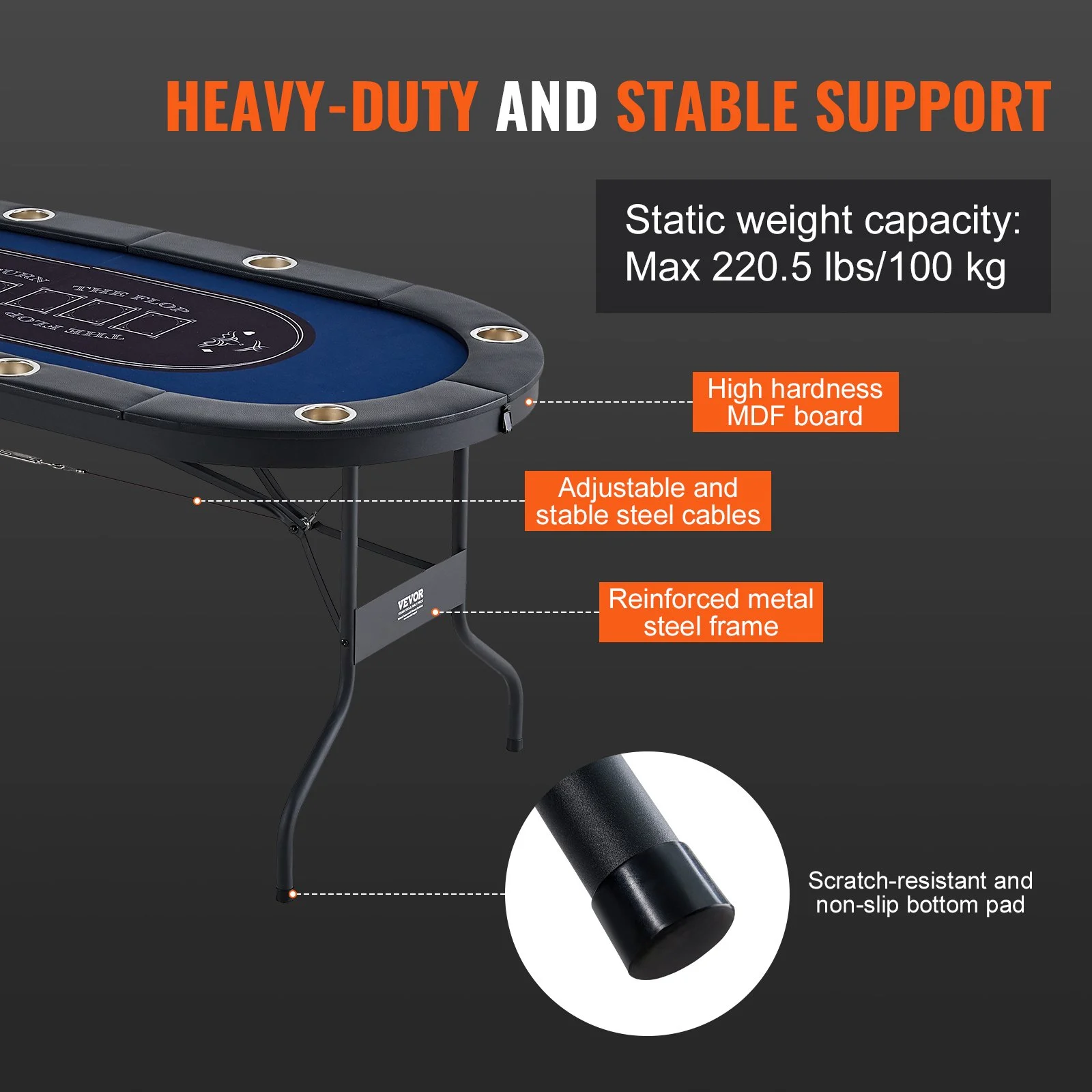 Mesa de póker plegable VEVOR para 8 jugadores, mesa de blackjack y Texas Hold'em con barandas acolchadas y portavasos de acero inoxidable, mesa de juegos de cartas plegable portátil, mesa ovalada de 72" para casino y ocio, azul