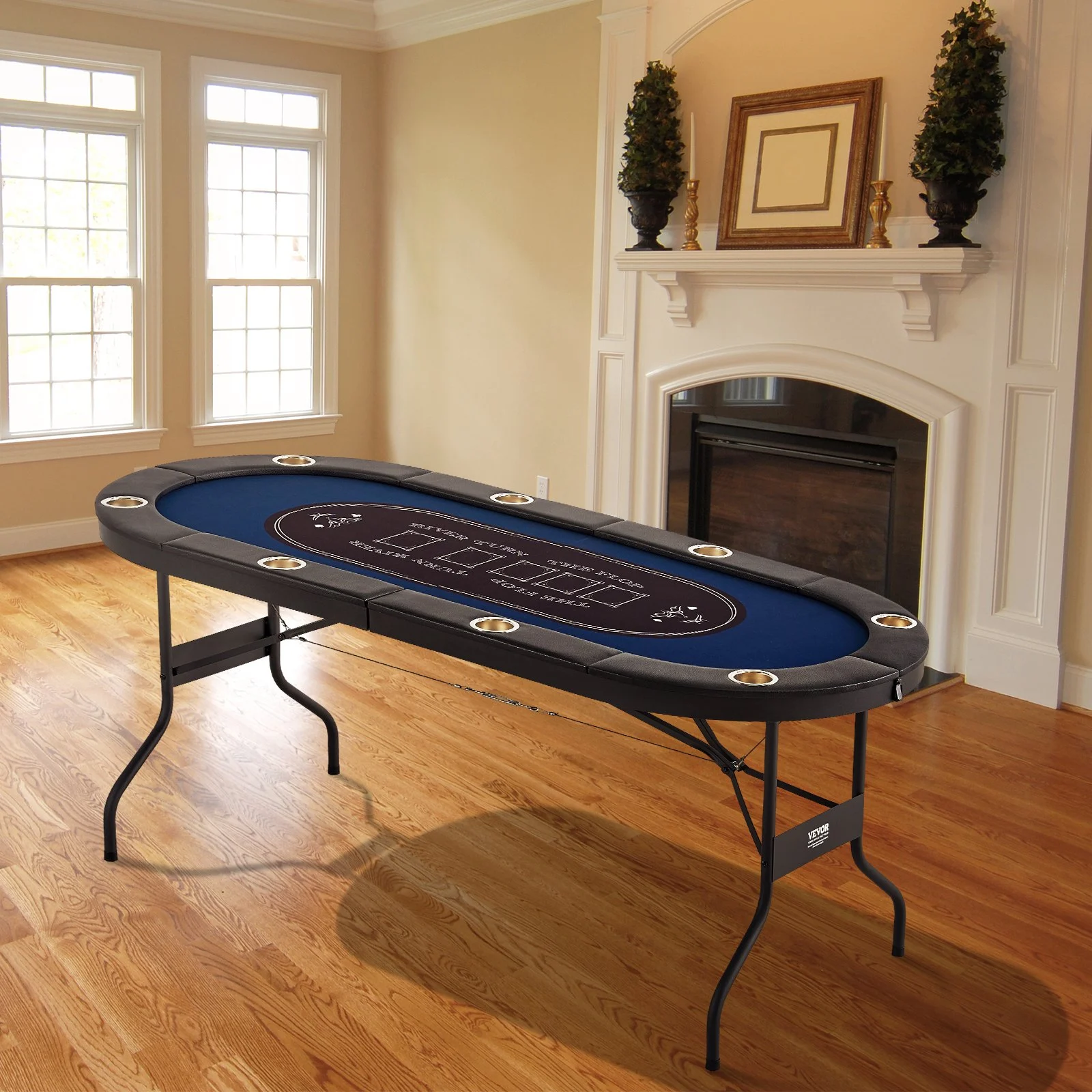 Mesa de póker plegable VEVOR para 8 jugadores, mesa de blackjack y Texas Hold'em con barandas acolchadas y portavasos de acero inoxidable, mesa de juegos de cartas plegable portátil, mesa ovalada de 72" para casino y ocio, azul